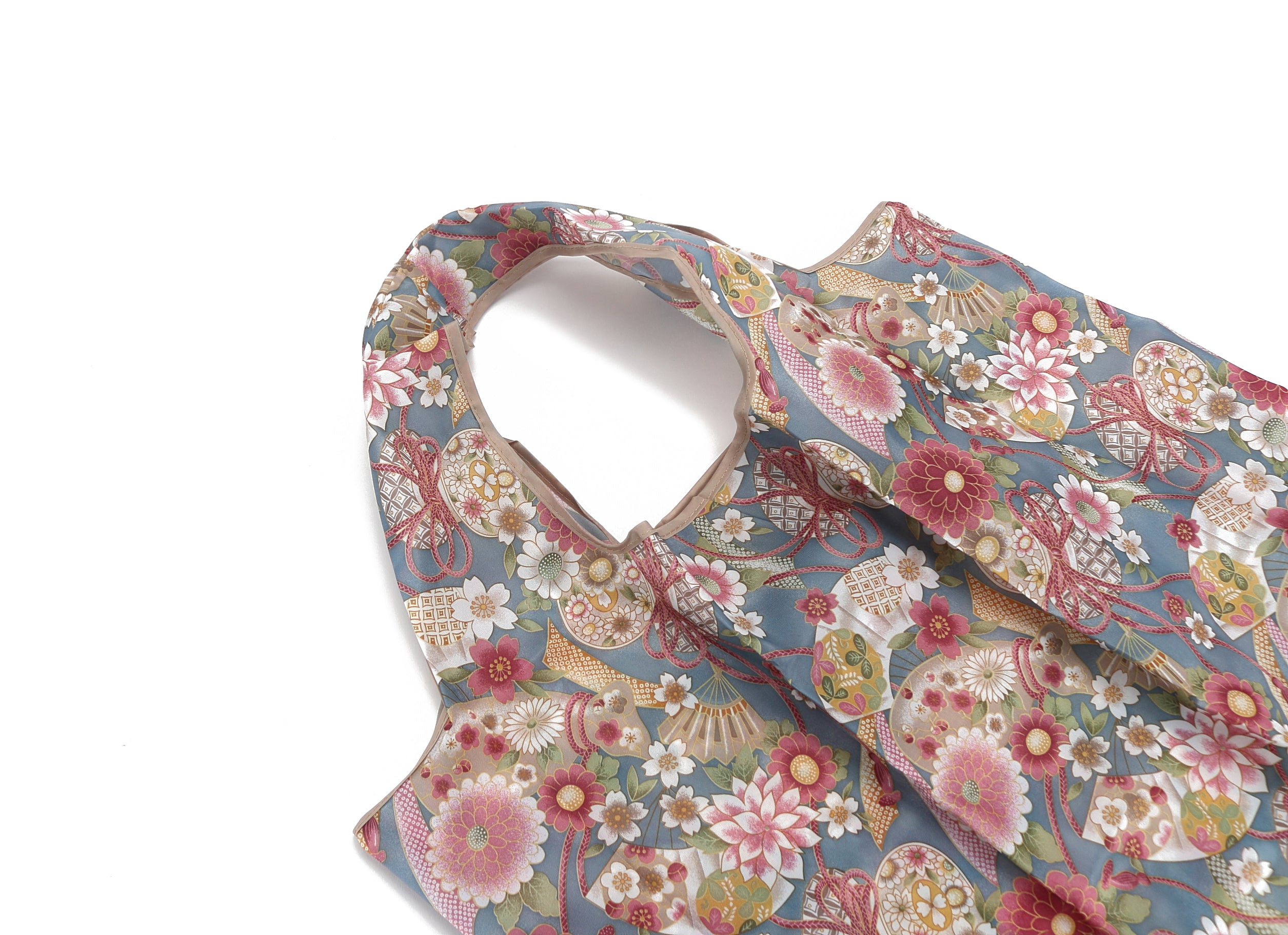 Japanese Floral Blue Foldable Tote Bag - Stylish & Compact for Travel, Shopping, and Everyday Use