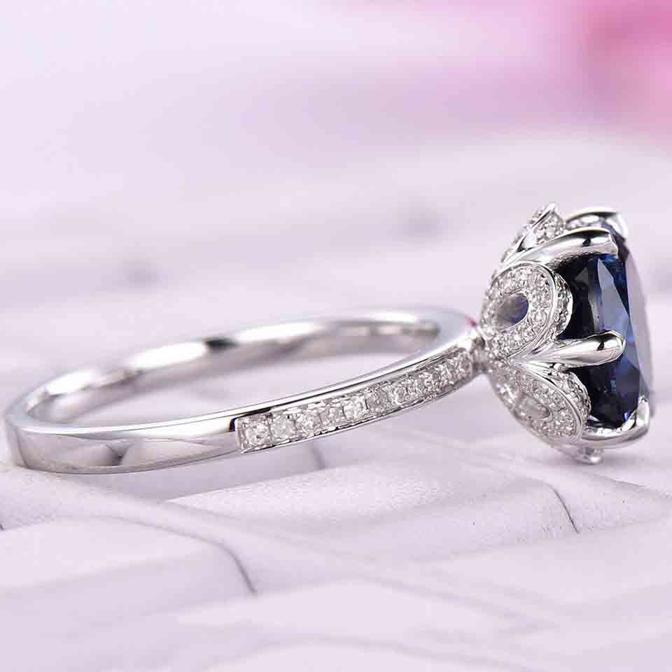 7mm Round Cut Sapphire Engagement Ring in 14k White Gold with Diamond Band - Half Eternity Bridal Wedding Ring, Birthstone Gift, Pave Set Art Deco Halo - Perfect for Proposals, Anniversaries & Special Occasions