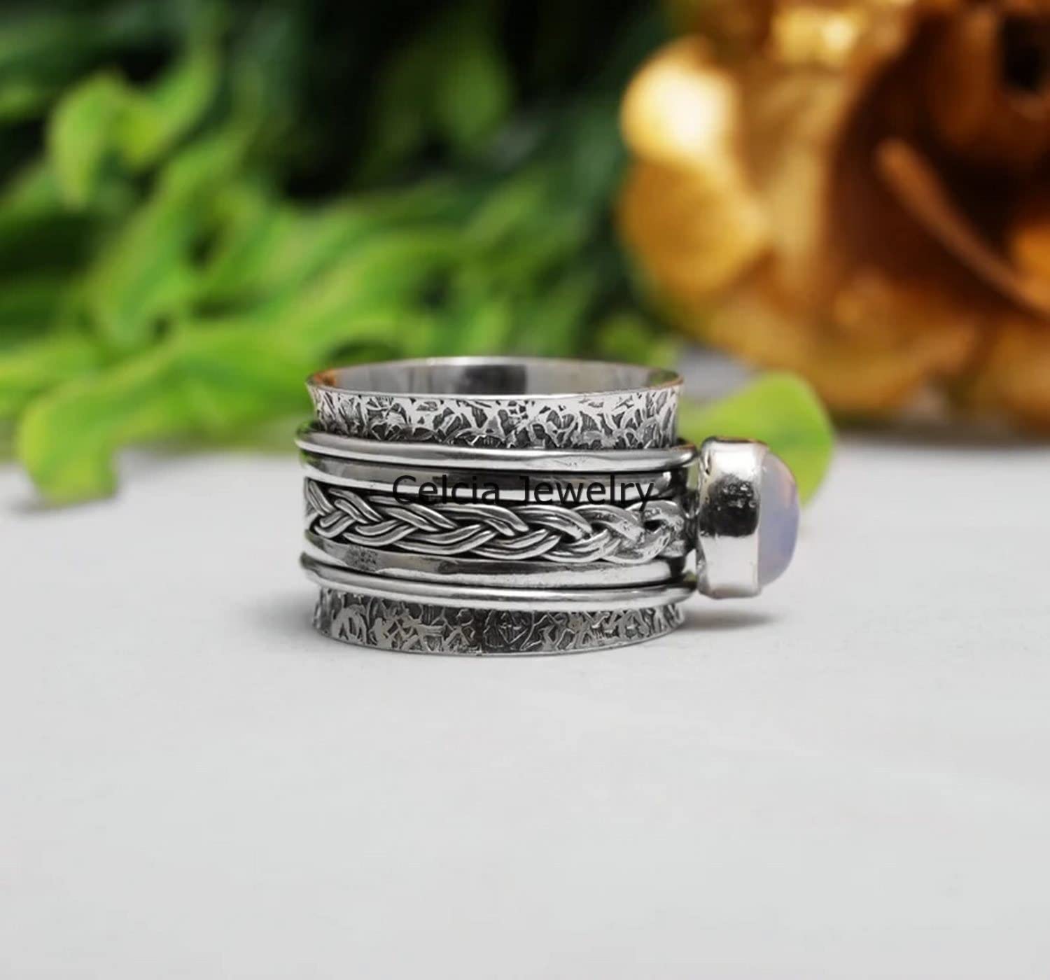 Moonstone Cabochon Oval Spinning Ring - Handmade Unisex Meditation & Fidget Ring for Anxiety Relief - Delicate June Birthstone Jewelry (US Size 7) - Perfect for Stress Relief, Mindfulness Practice & Everyday Wear