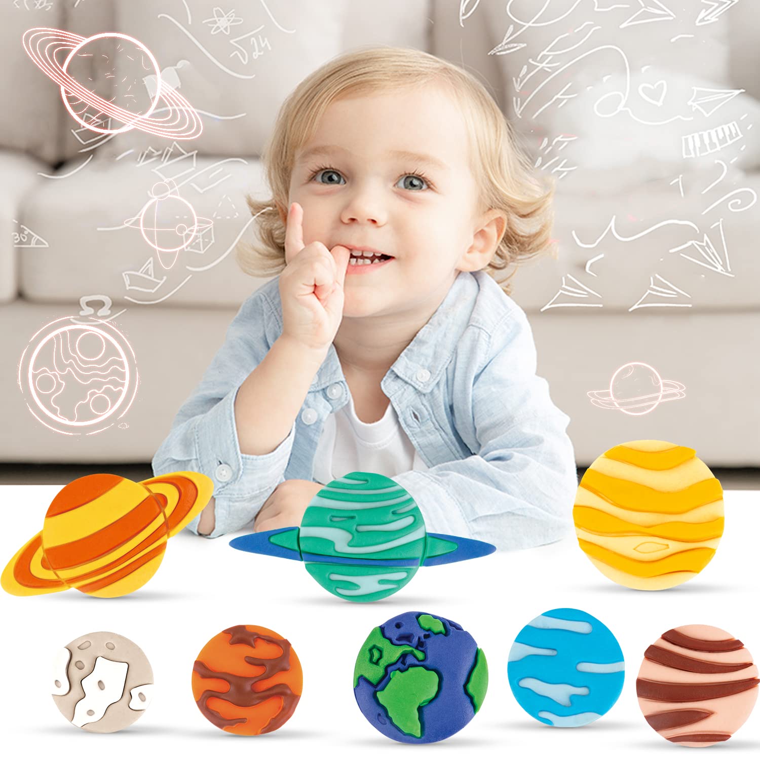 VConejo 14-Piece Planets Themed Play Dough Set for Kids Ages 2-8 - Non-Toxic Modeling Clay Kit with Tools & Accessories for Creative Play - Perfect for Preschool Learning, Sensory Development & Birthday Gifts