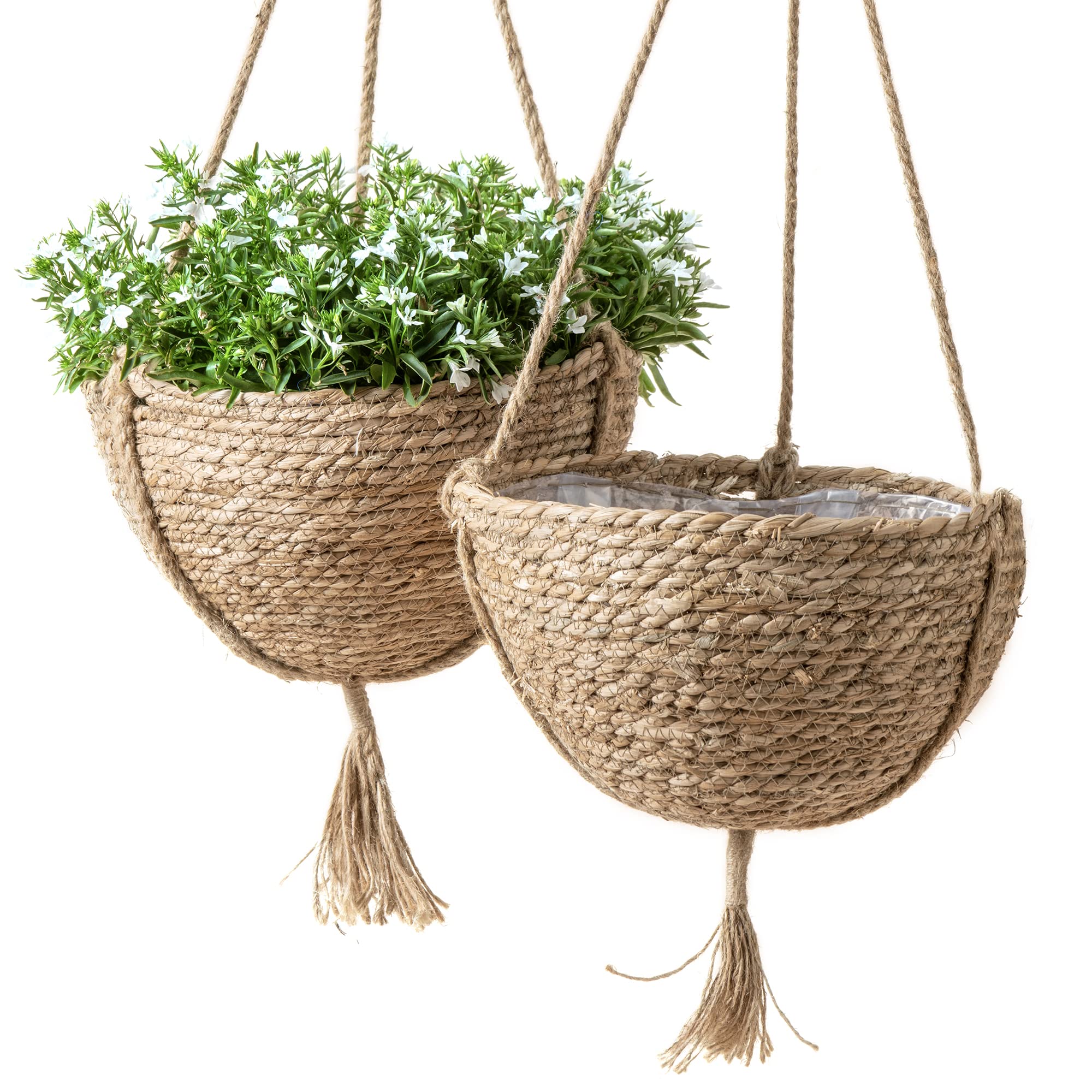Natural Seagrass Hanging Planter Basket Set - 2 Pack Boho Indoor Plant Pots with Covers, 12.4