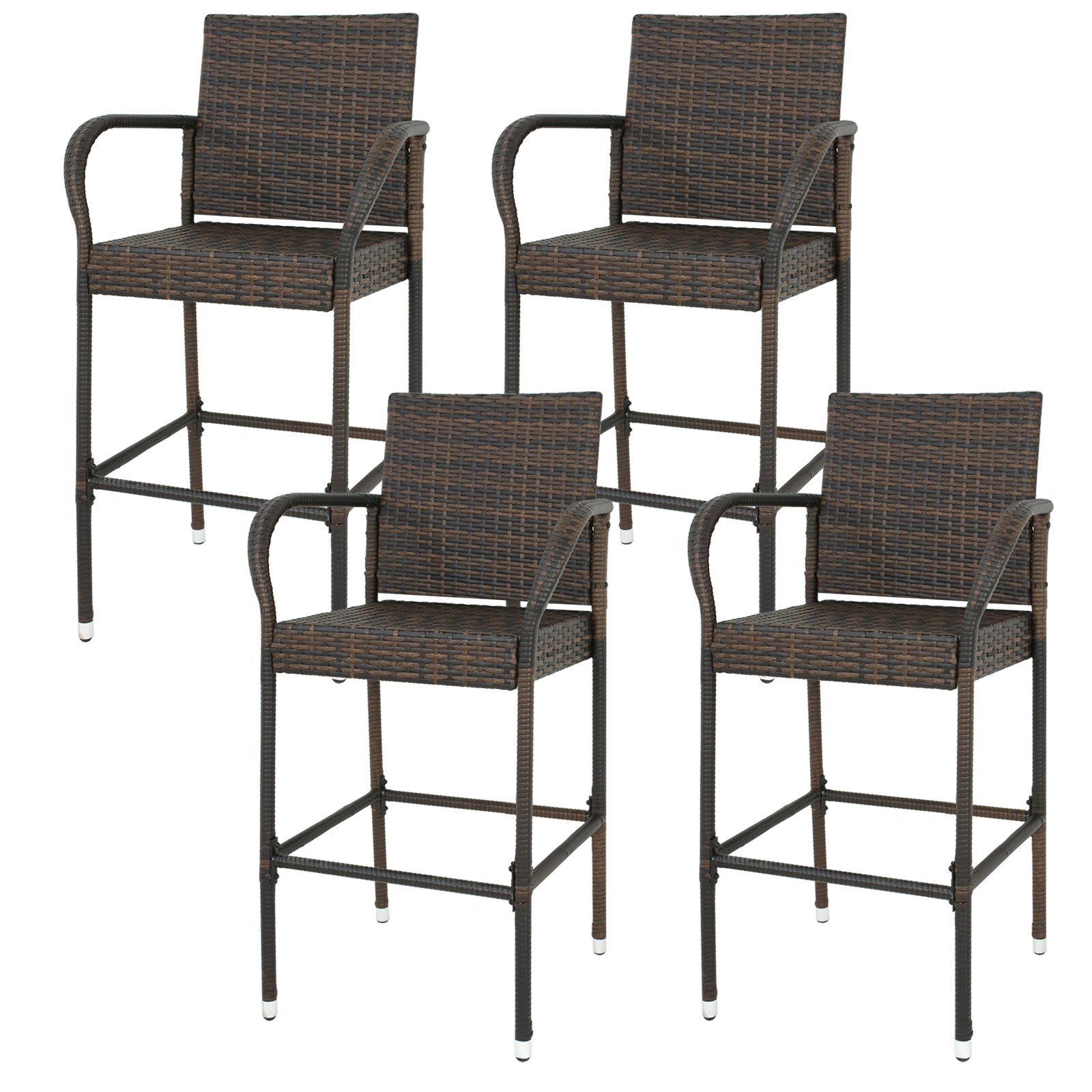 All-Weather Wicker Bar Stools Set of 4 - Outdoor Patio Furniture with Armrest & Footrest - Rattan Chairs for Garden, Poolside, Lawn, Porch & Backyard - Perfect for Entertaining, Relaxing & Outdoor Dining
