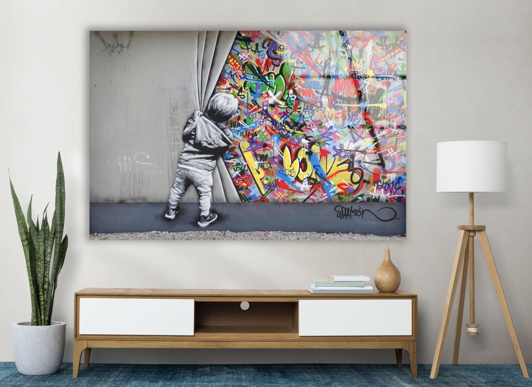 Banksy Street Art Graffiti Glass Wall Decor - Modern Urban Home & Office Wall Art for Living Room, Bedroom, or Studio