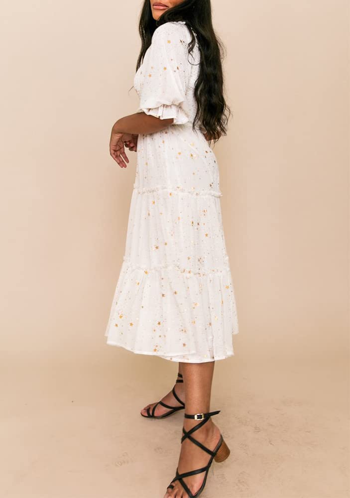 Women's Puff Sleeve Smocked Maxi Dress - Casual Square Neck Floral Tiered Flowy Summer Dress for Beach, Vacation & Outdoor Parties