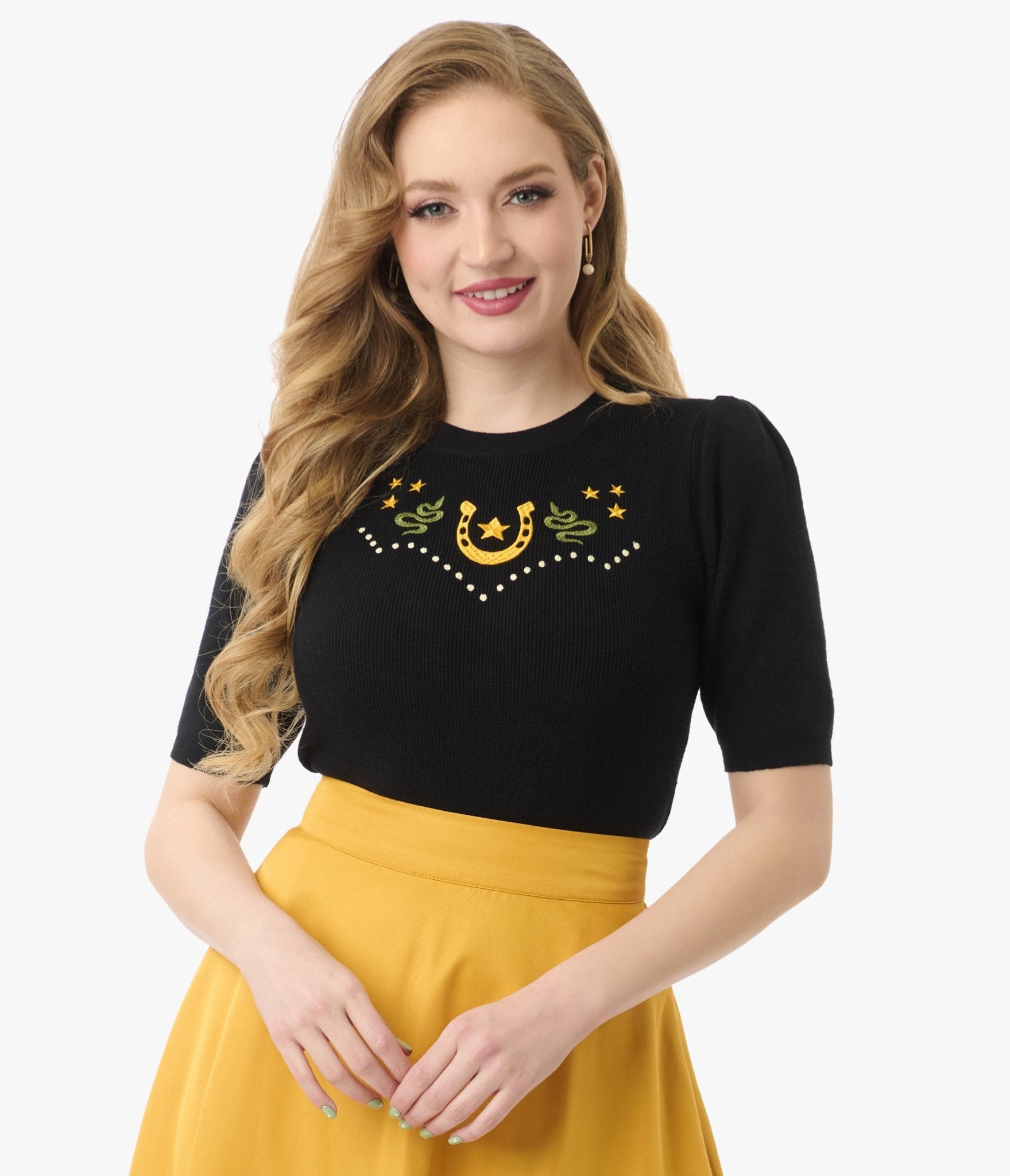 Mischief Made Black Lucky Horseshoe Sweater for Women | Stylish Pullover with Good Luck Charm | Perfect for St. Patrick's Day & Casual Outfits