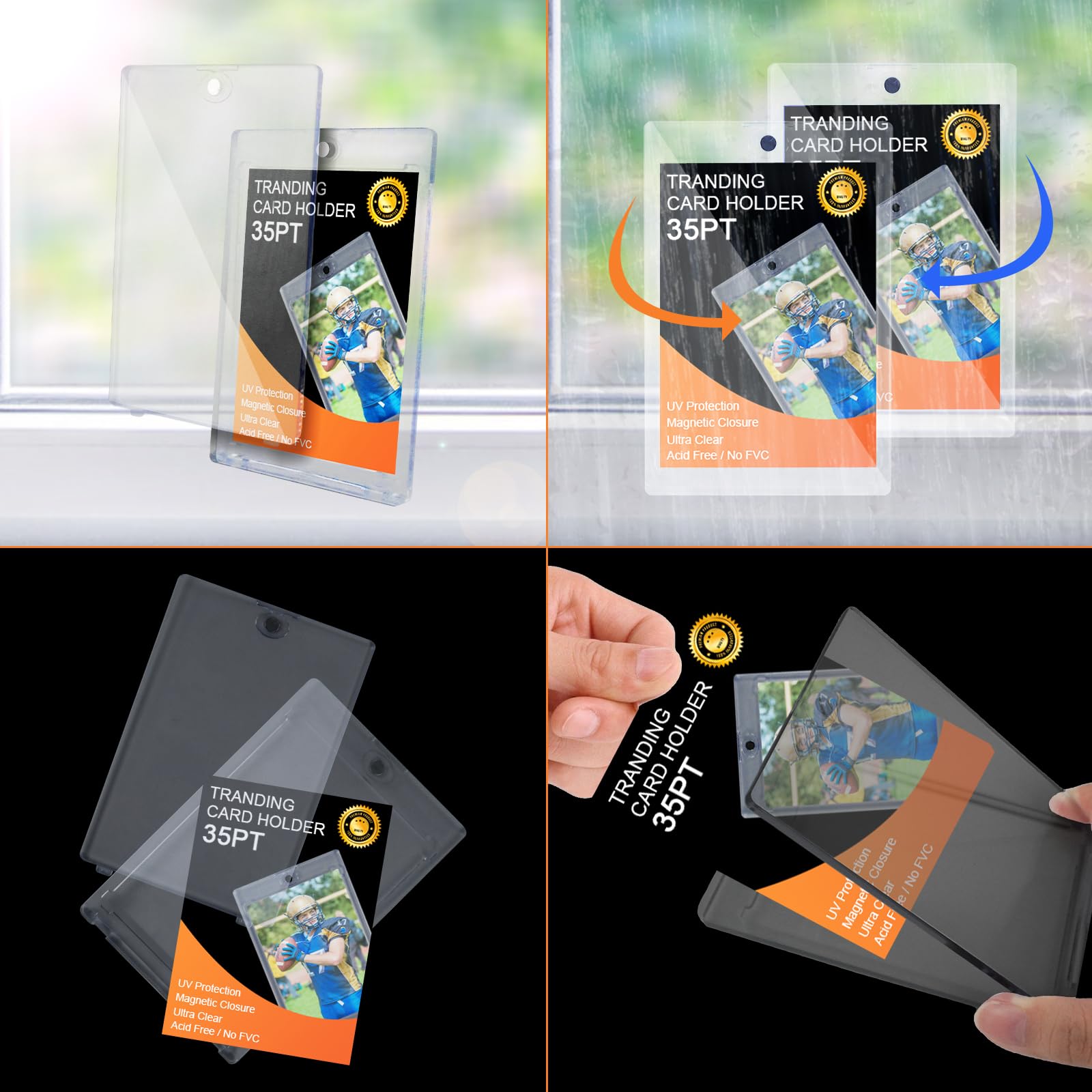 100ct Magnetic Card Holder for Trading Cards - 35 PT Clear Card Sleeves, Hard Plastic Baseball Card Protectors - Perfect for Collectible TCG, MTG, YUGIOH, Football & Sports Cards - Great for Display, Storage & Trading Card Games