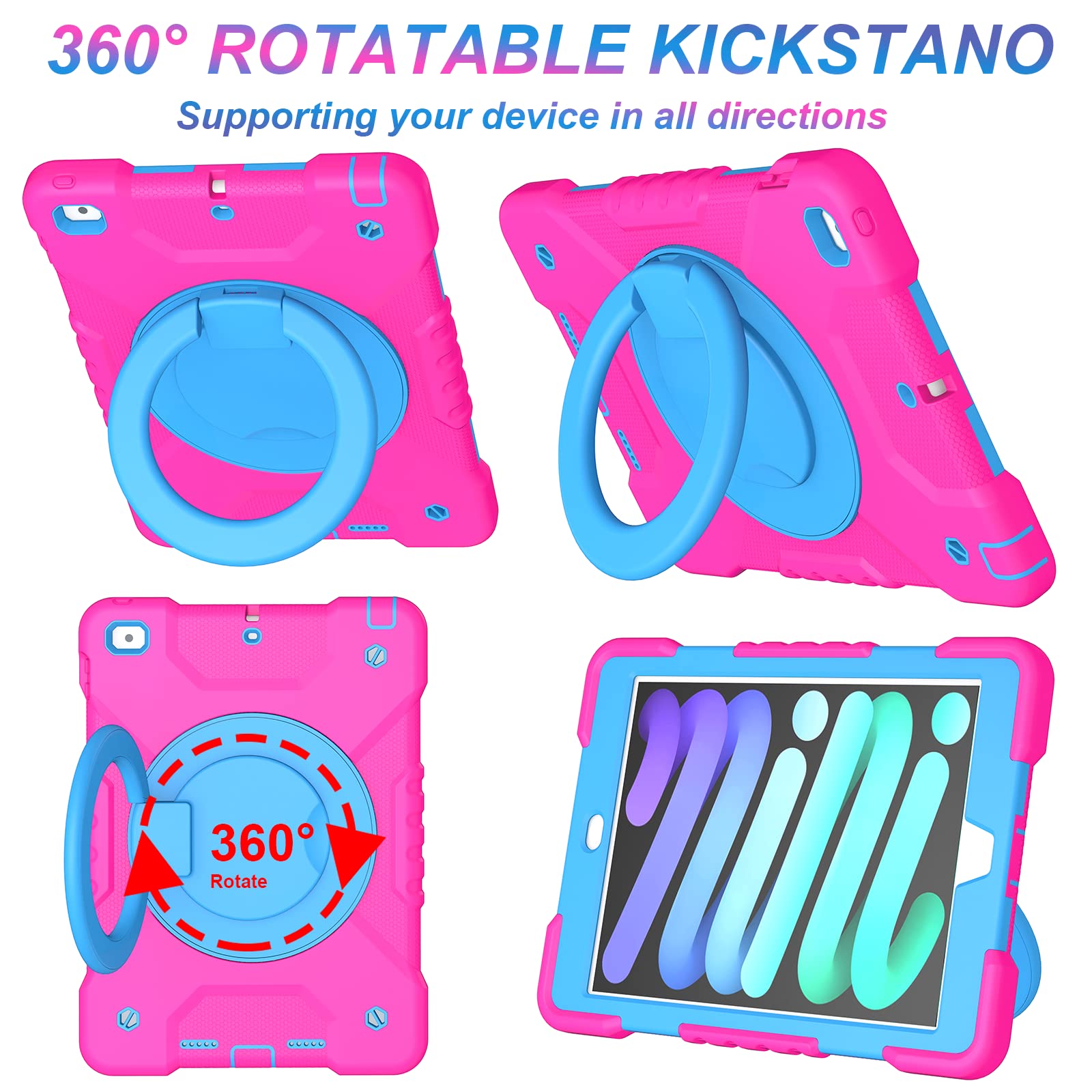 Heavy Duty iPad Case for iPad 6th/5th Generation 9.7 inch (2018/2017) & iPad Air 2/Pro 9.7 inch - Shockproof Protective Cover with Pencil Holder, Adjustable Shoulder Strap & 360° Rotating Stand (Pink+Blue) - Perfect for Travel, School & Outdoor Activities