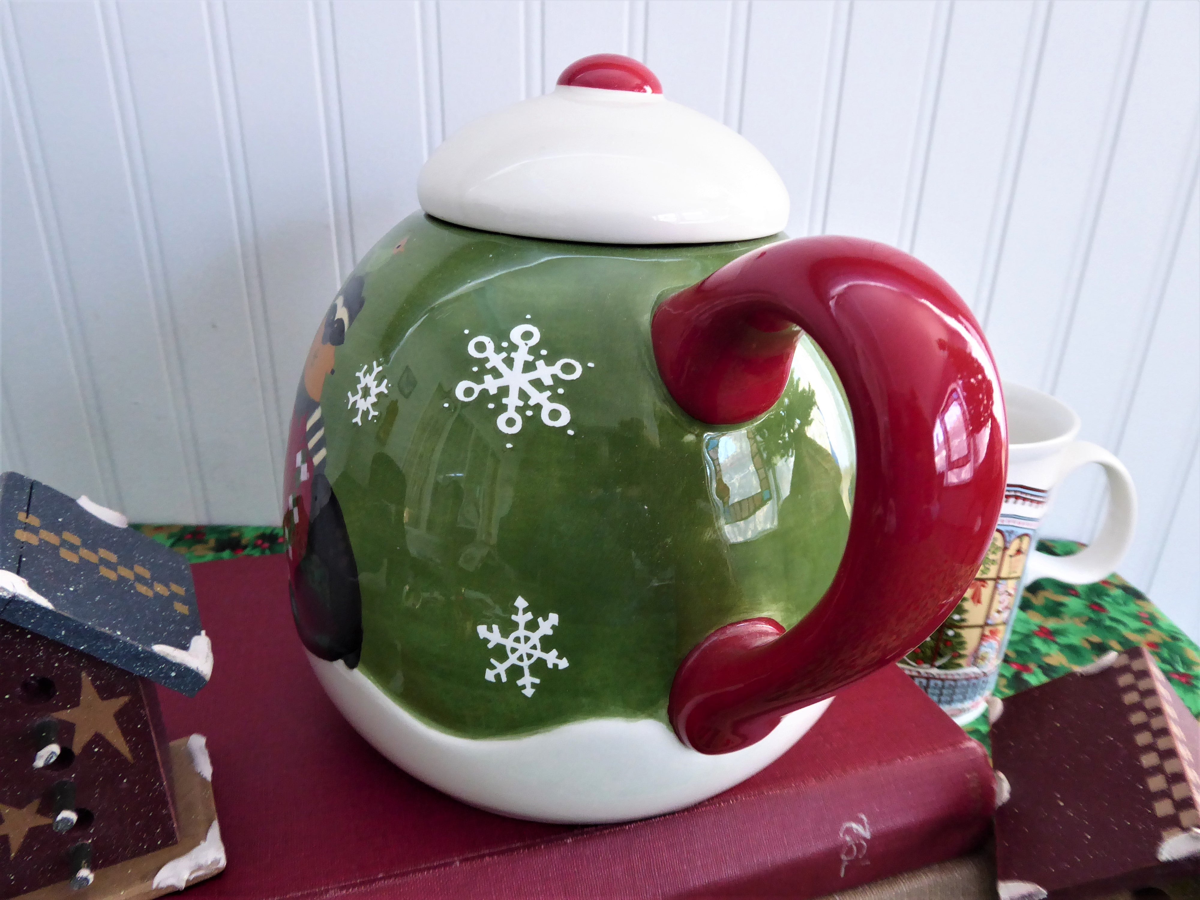 Debbie Mumm Christmas Winter Folk Art Teapot with Bear and Raccoon Design - Large Holiday Teapot for Winter Decorations, Gift Giving & Cozy Tea Time