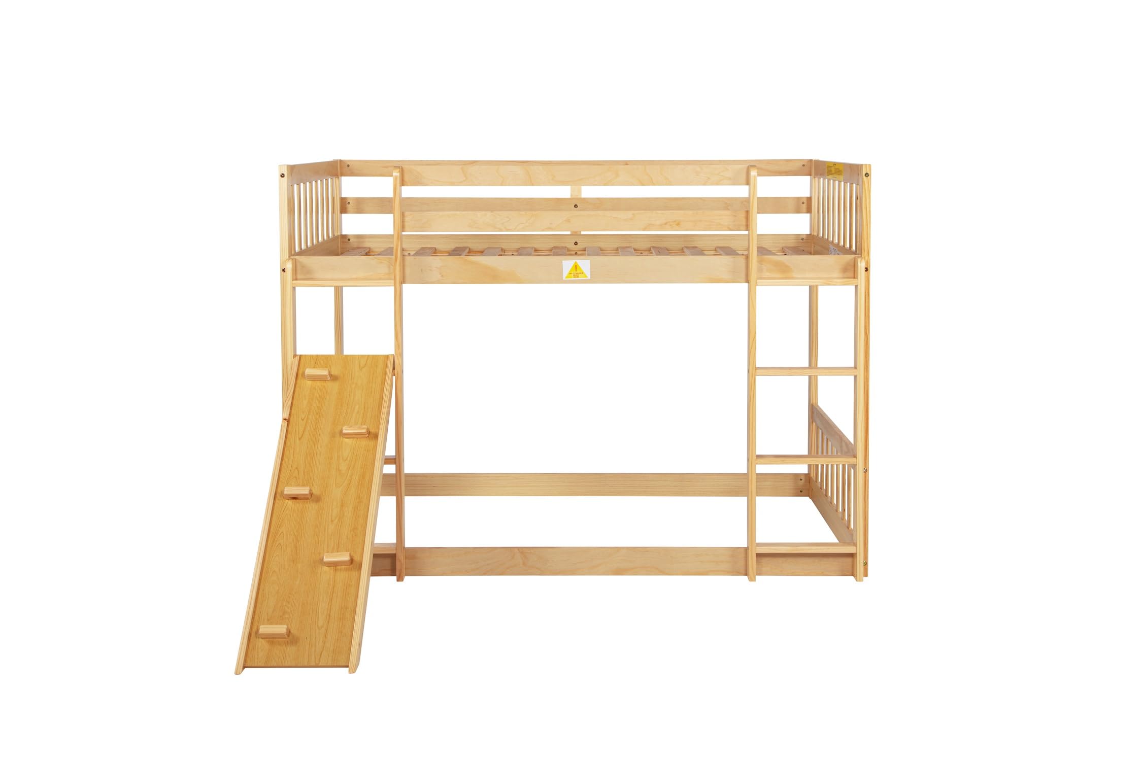 Harper & Bright Designs Twin Over Twin Bunk Bed with Climbing Ramp & Ladder - Safe Playhouse Floor Bunk Bed for Kids with Sturdy Guardrails - Natural Wood Finish - Perfect for Small Bedrooms, Shared Kids' Rooms & Sleepovers