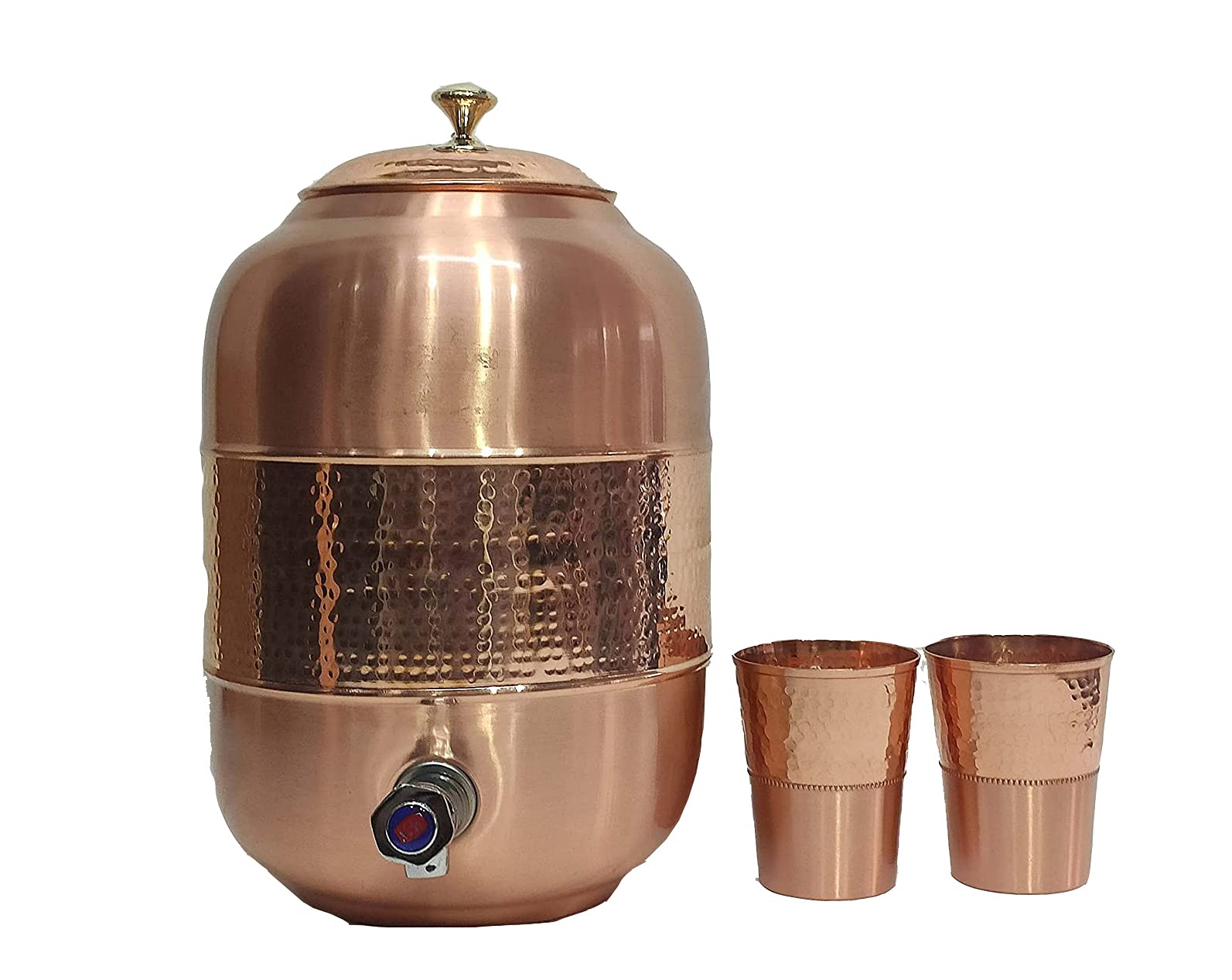 Handcrafted Hammered Copper Water Dispenser with Storage Tank & 2 Glasses - Traditional Fiber Design - Perfect for Home, Office & Outdoor Use