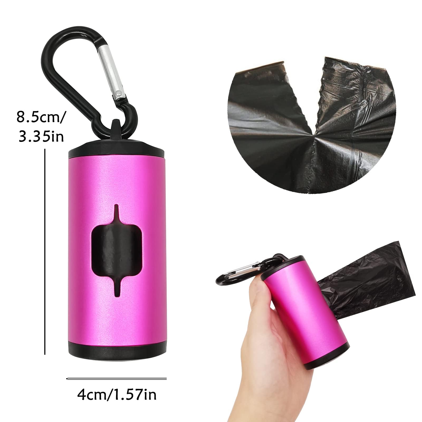 Eco-Friendly Aluminum Dog Poop Bag Holder with Carabiner Clip - Metal Pet Waste Dispenser with Hook & Loop Fastener, Elastic Cord for Used Bags (Pink, Includes 15 Bags) - Perfect for Walking, Hiking, and Outdoor Adventures with Your Dog