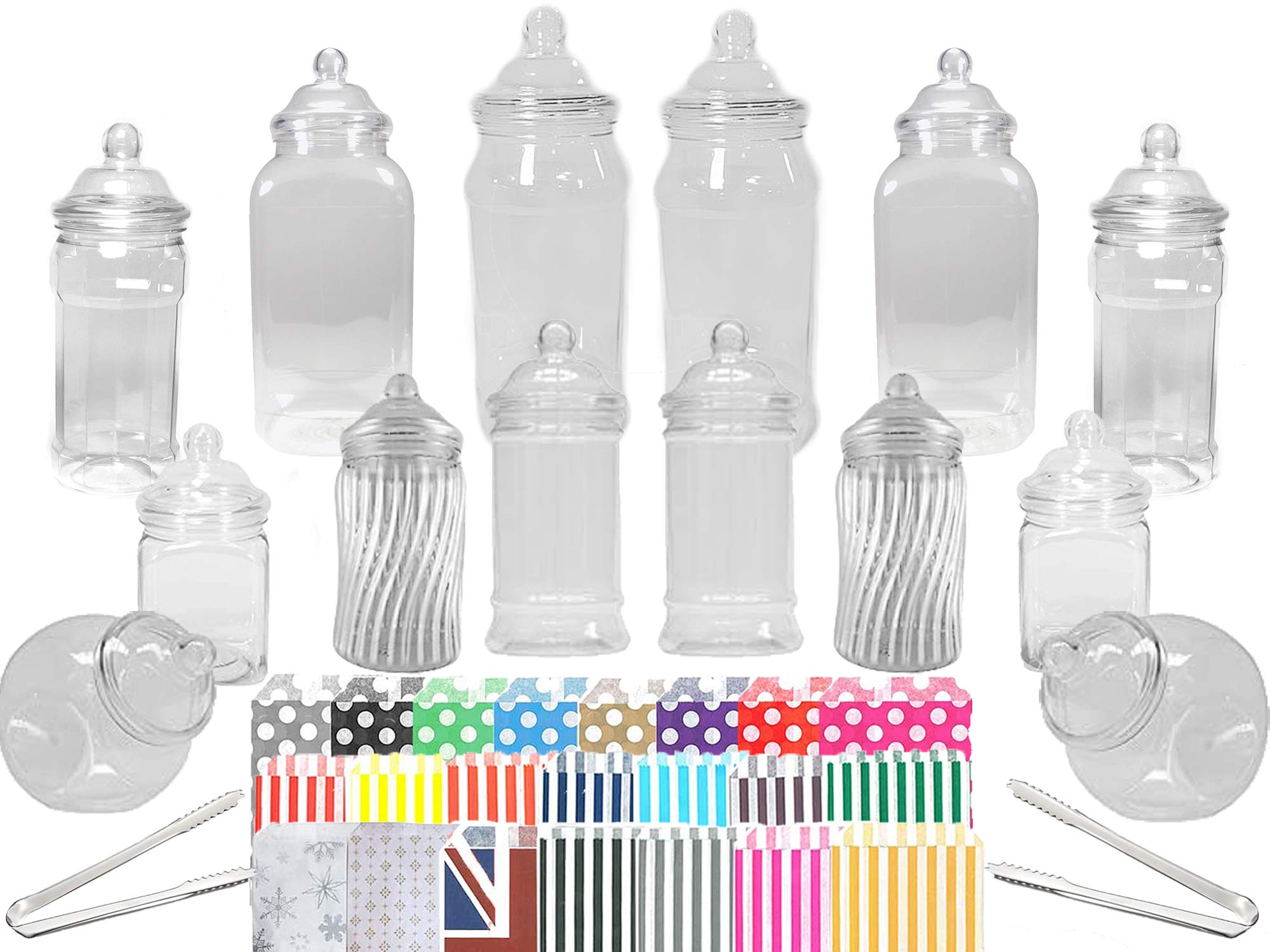 14-Piece Plastic Sweet Jars Set with 7 Styles, 2 Tongs & 50 Candy Bags - Perfect for Party Favors, Wedding Candy Buffet, Dessert Table & Candy Display (Includes Aqua Candy Stripe Bags)