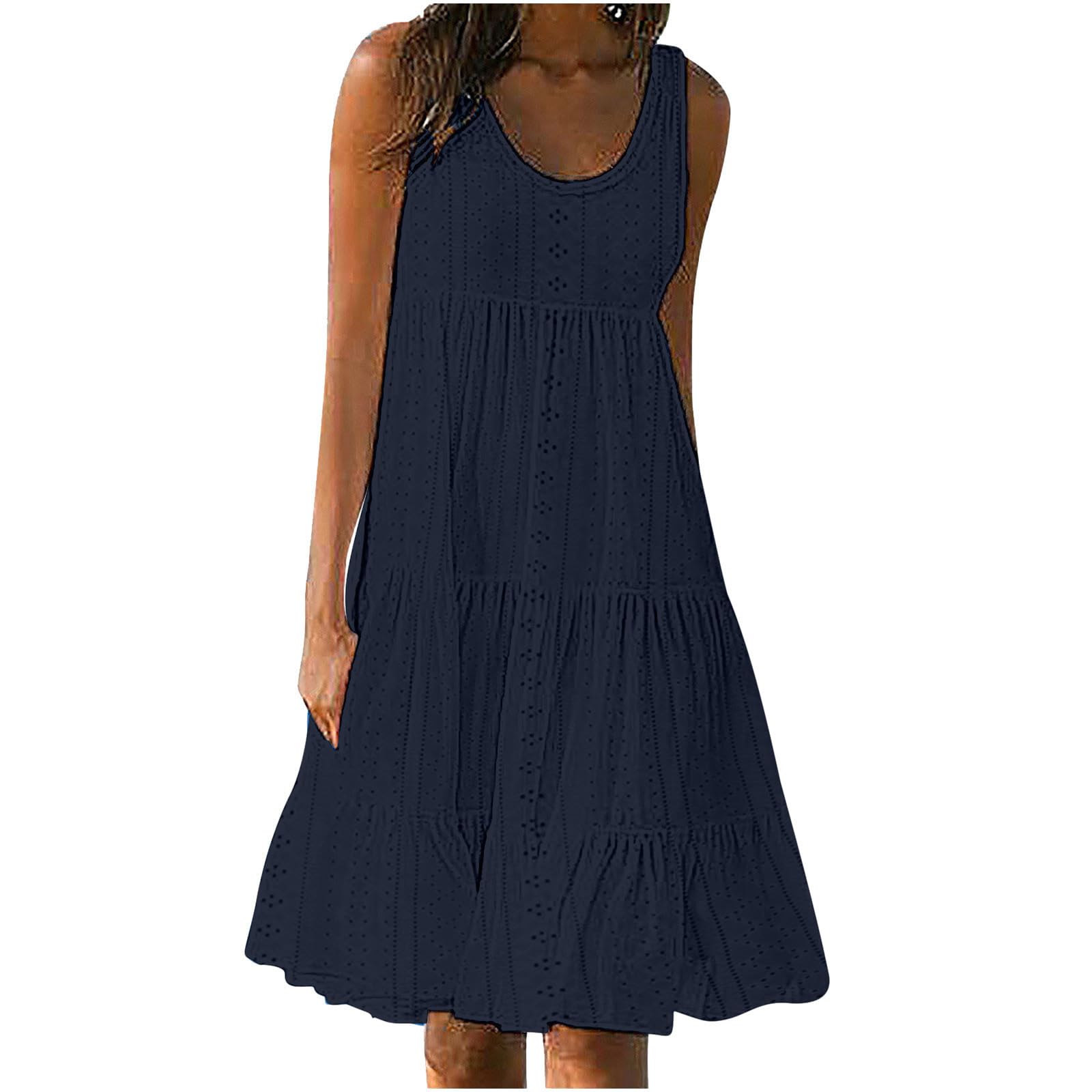BOXIACEY Women's Sleeveless Sundress 2024 Summer Eyelet Beach Dress - Ruffled Tiered Layered Flowy Dress for Vacation, Pool Party, and Casual Outings