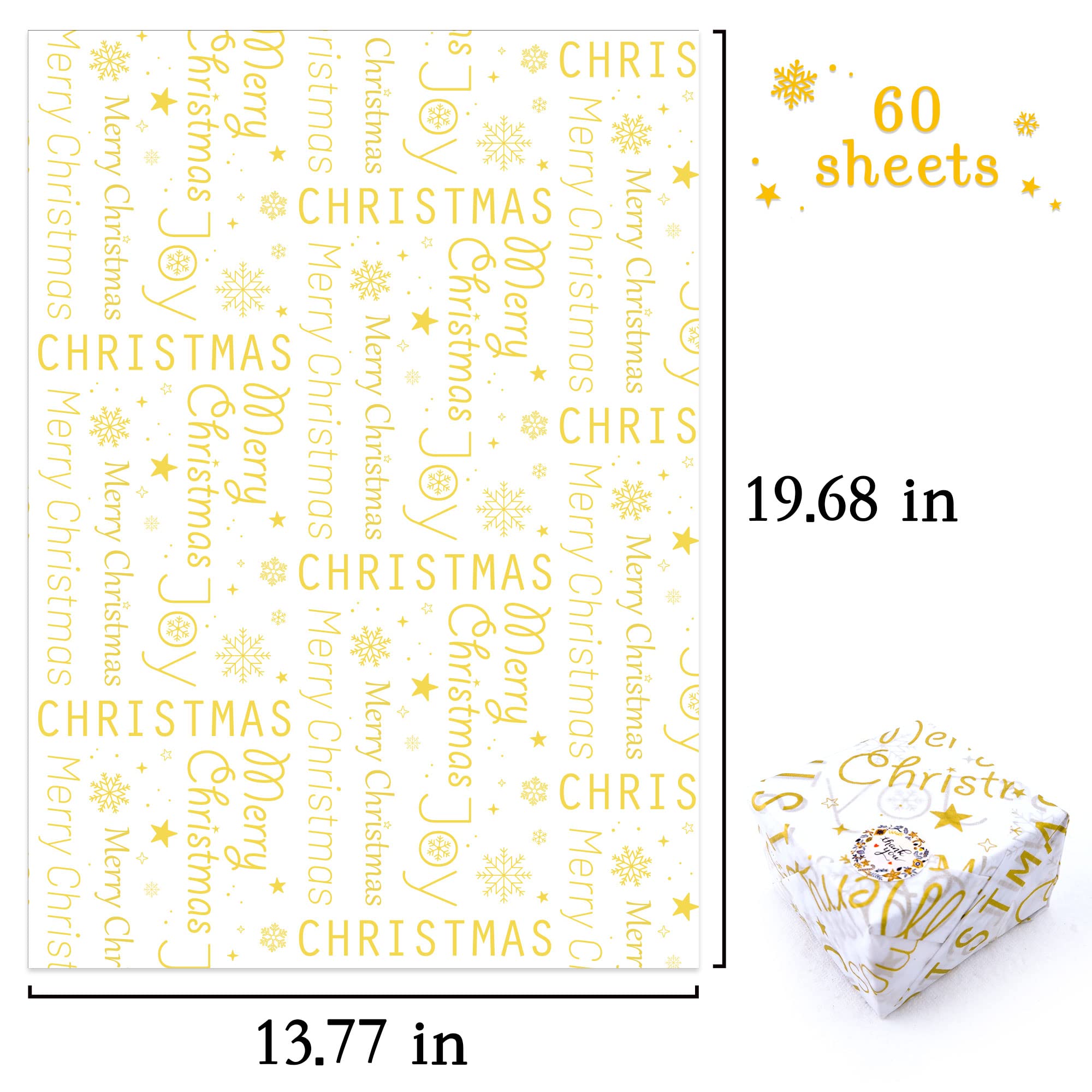 MR FIVE 60 Sheets White with Gold Merry Christmas Tissue Paper Bulk, 20