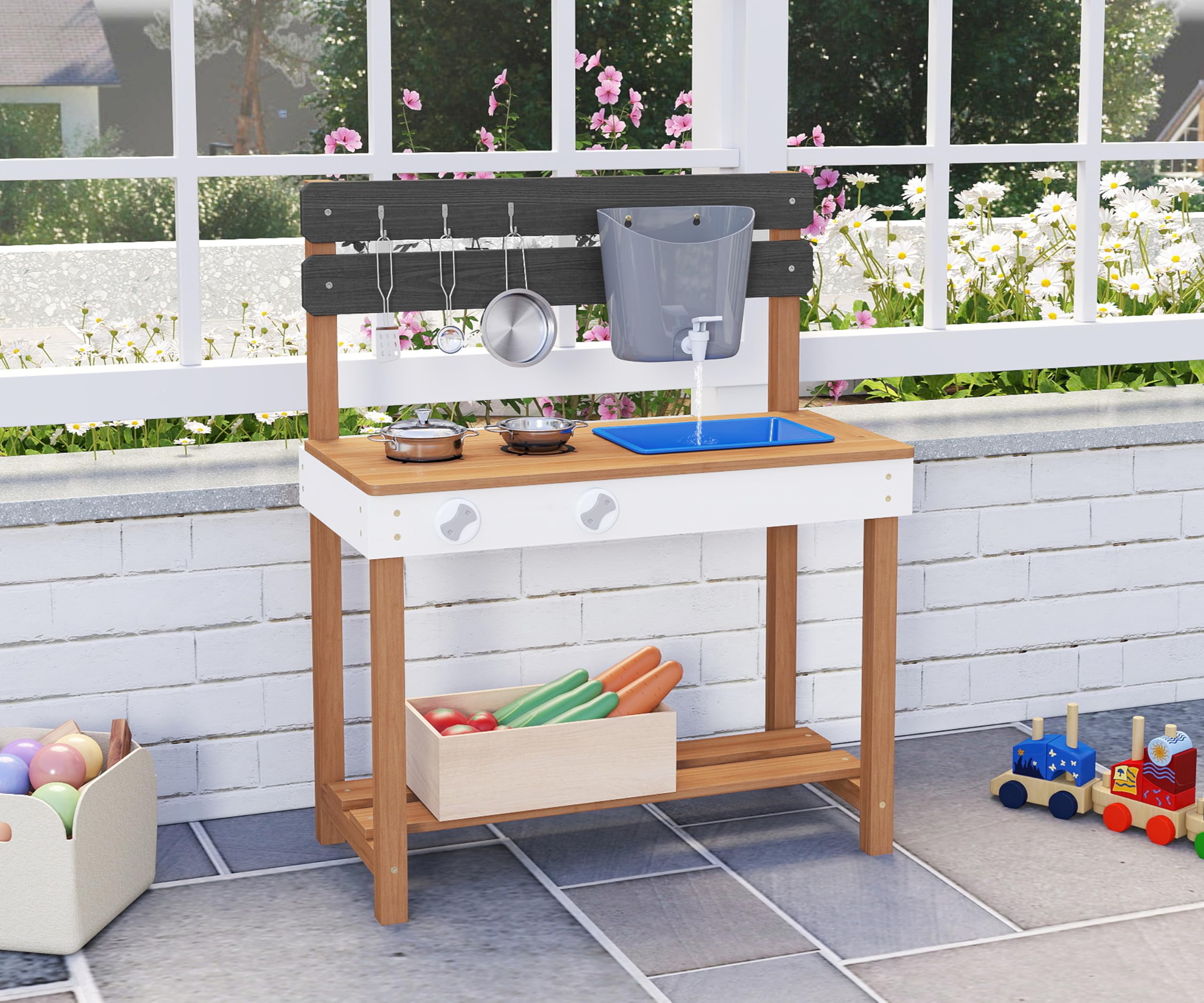 Wooden Kids Play Kitchen Set - Outdoor Mud Kitchen with Water Play & Cooking Toys - Pretend Play for Toddlers Ages 3+ - Perfect Birthday Gift for Boys & Girls - Backyard, Garden & Indoor Imaginative Play