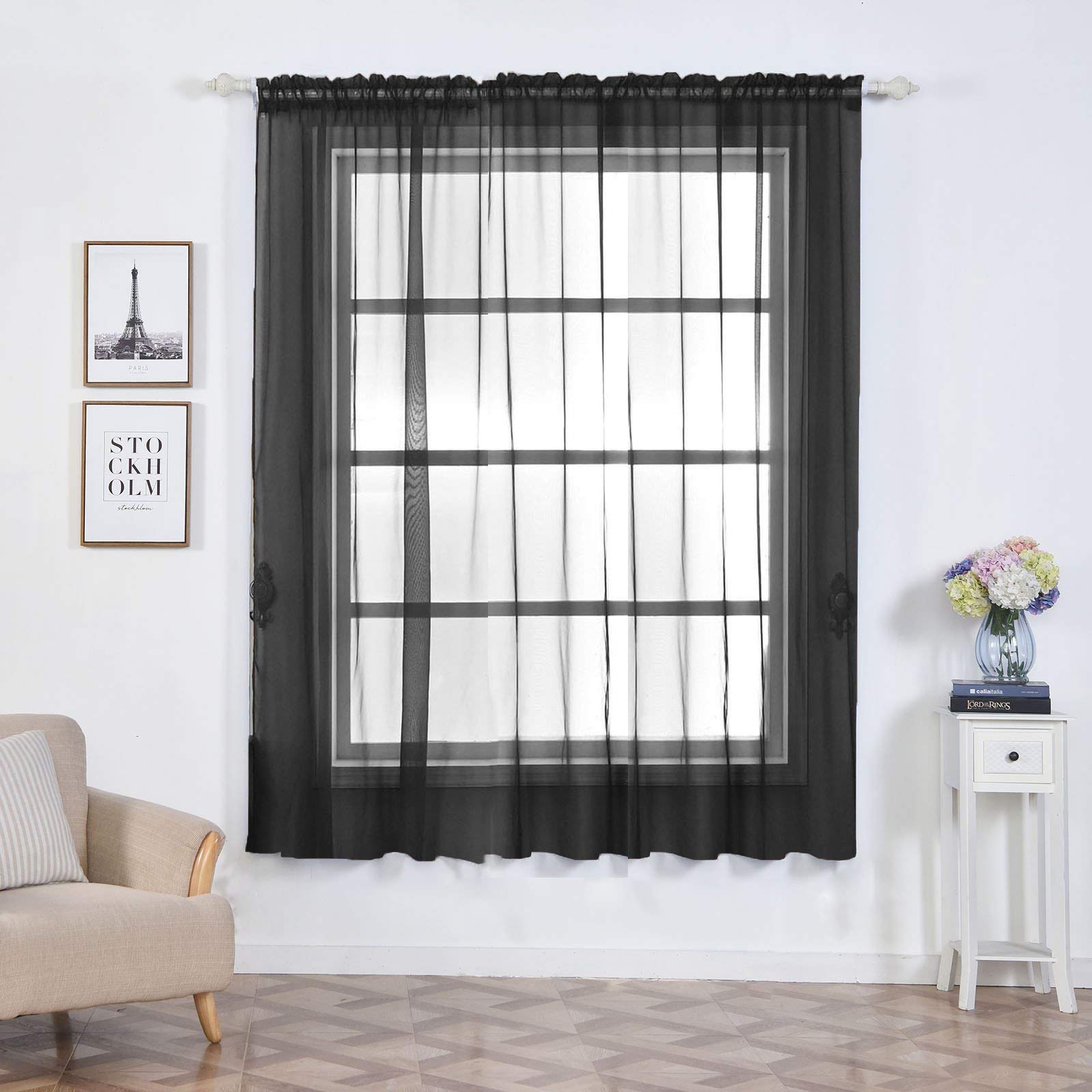 Efavormart 2 Panels Black Sheer Organza Window Curtains with Rod Pocket - 52
