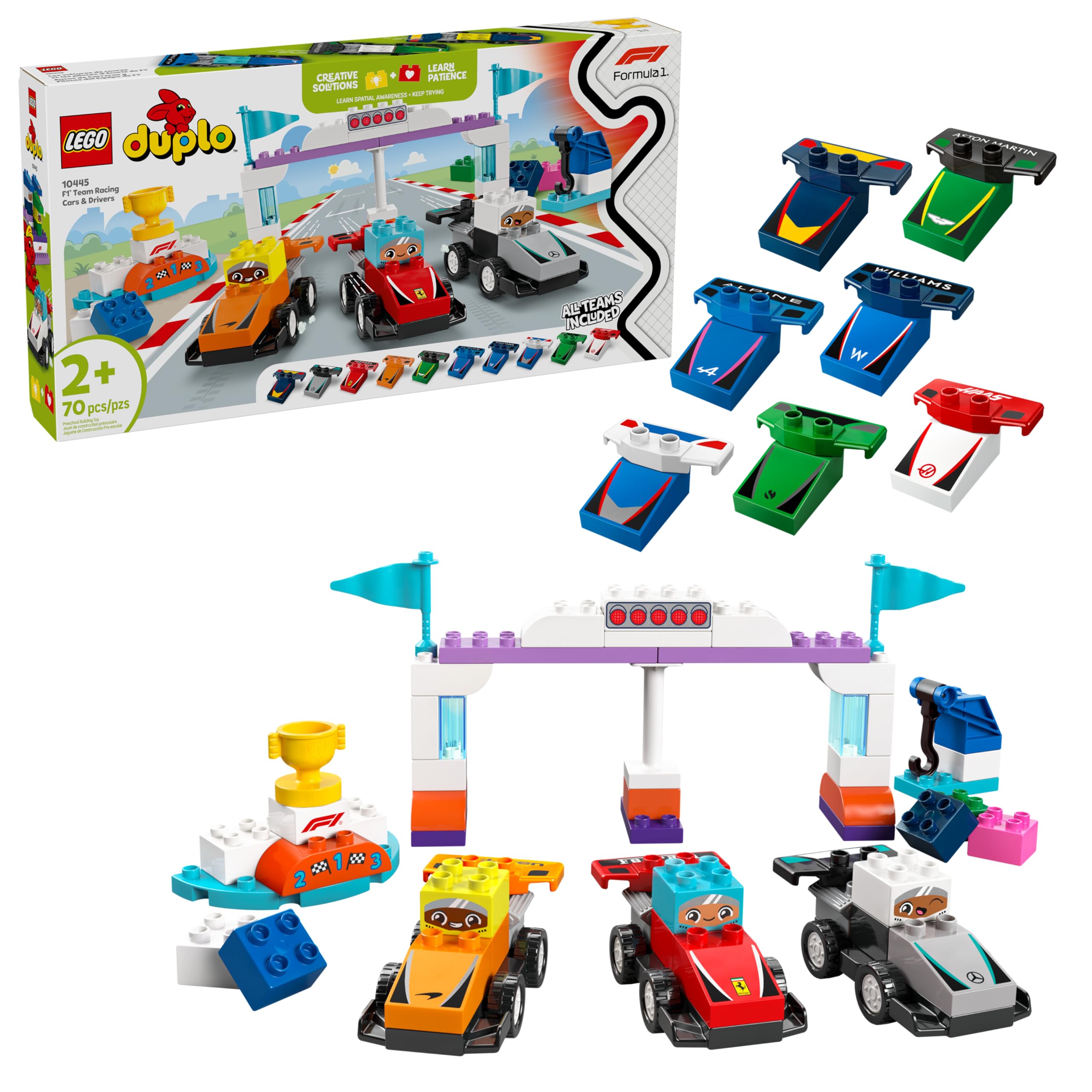 LEGO DUPLO Town F1 Team Race Cars & Drivers Building Toy Set for Toddlers - Educational STEM Toy for Boys & Girls Ages 2+ - Pretend Play Race Track Playset - Perfect Birthday Gift for Preschoolers & Kids - Fun Learning Activity for Home & Classroom Use