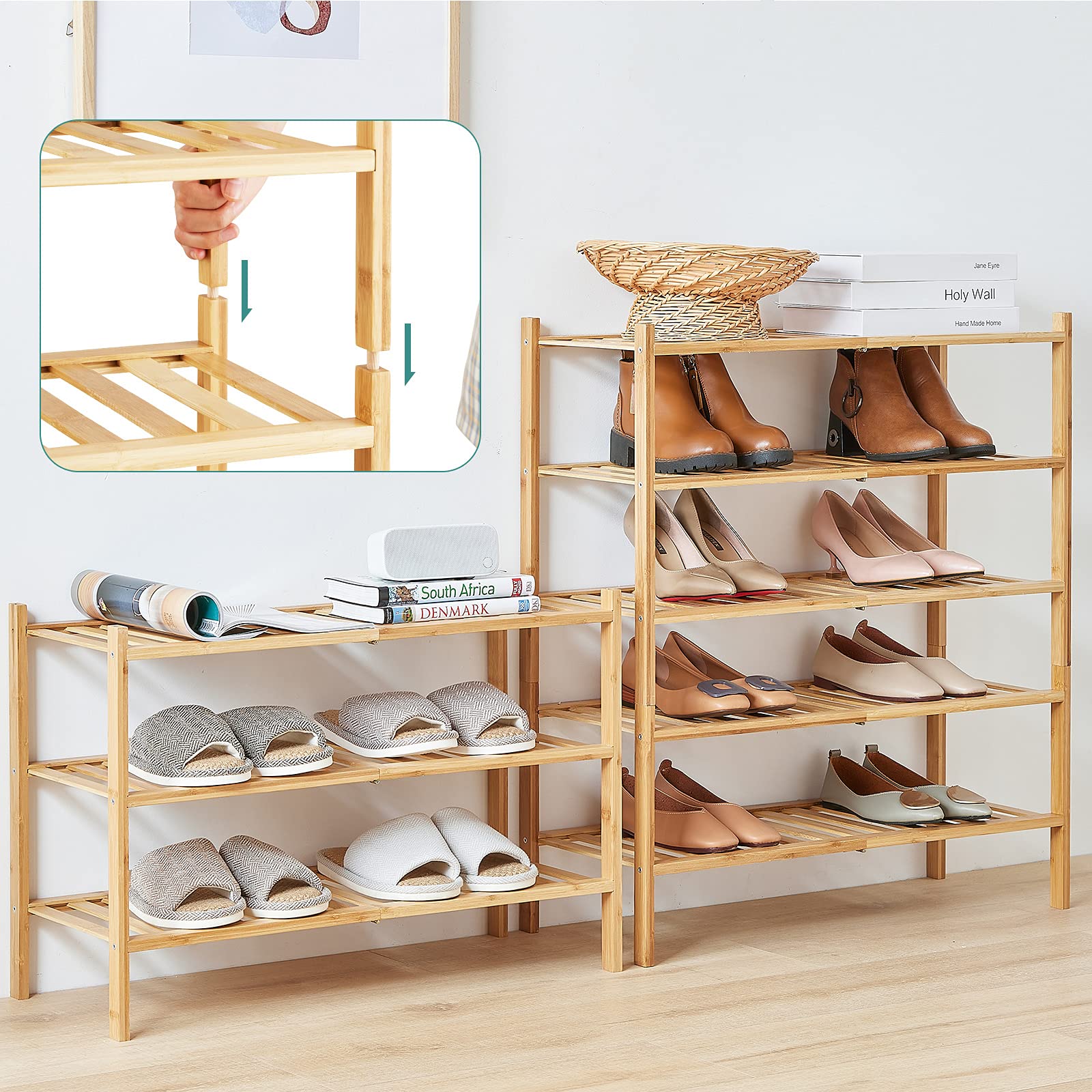 5-Tier Bamboo Shoe Rack - Stackable & Foldable Shoe Organizer for Entryway, Hallway, Closet - Natural Wood Shoe Storage Shelf for Indoor & Outdoor Use - Perfect for Small Spaces, Apartments, Dorm Rooms