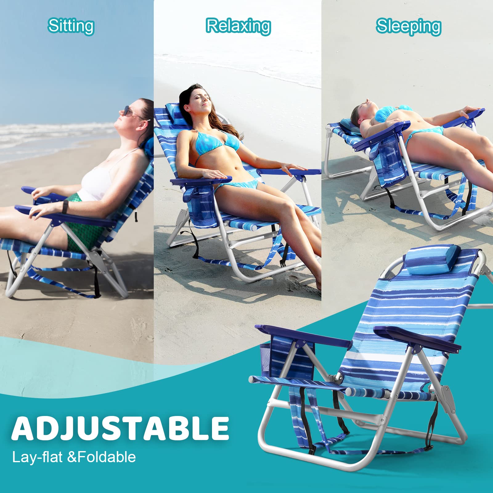 **LEMBERI Heavy Duty Folding Beach Chair for Adults - Adjustable High Back Camping Chair with Large Pockets, Cup Holder & Towel Rack - Portable for Outdoor, Travel, Picnics & Beach Lounging (2-Pack, Blue)**