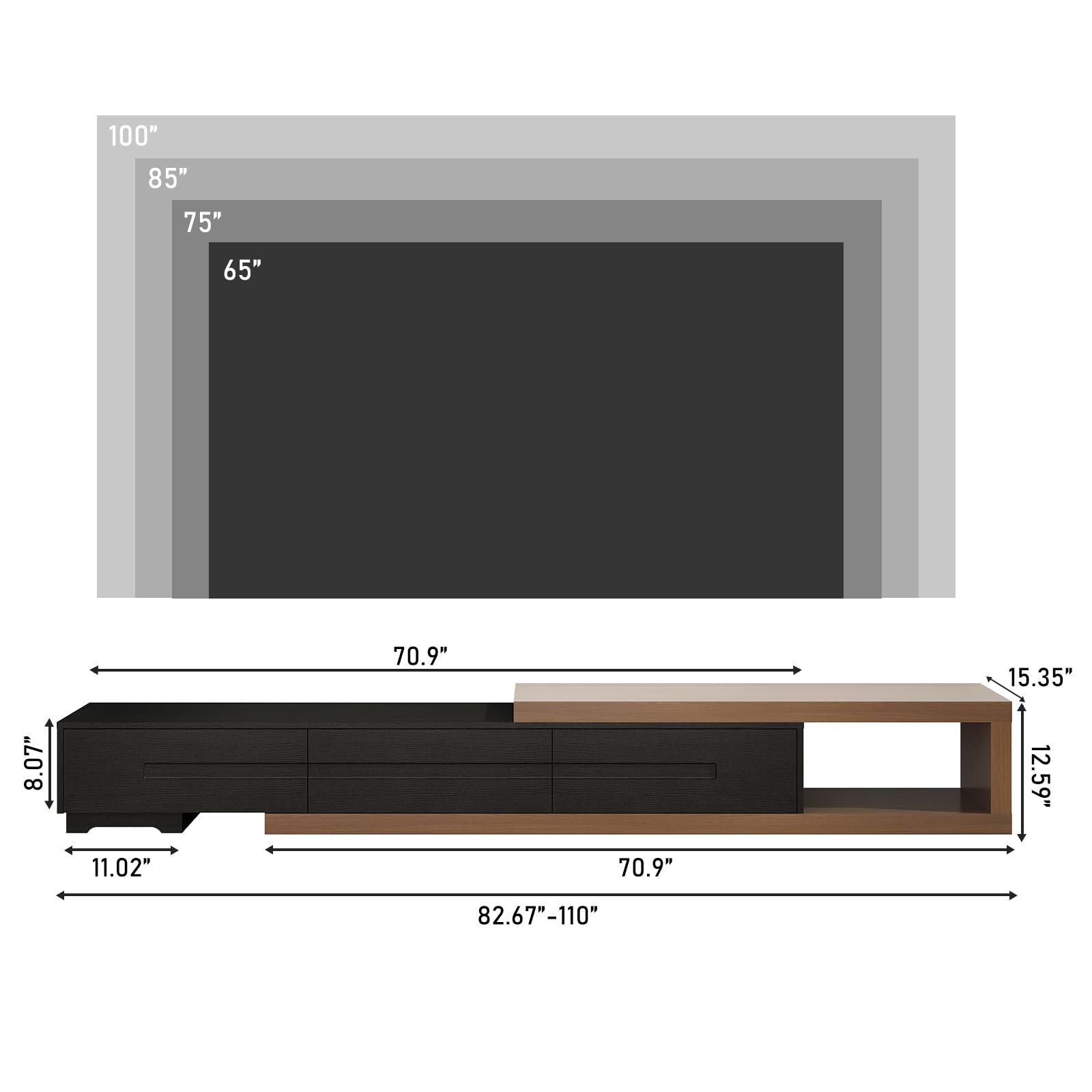 Extendable TV Stand for 82-110 Inch TVs - Modern Wood Reversible TV Media Console with 3 Drawers - Entertainment Center for Living Room & Bedroom (Black & Walnut) - Perfect for Home Theater Setup & Space-Saving Storage