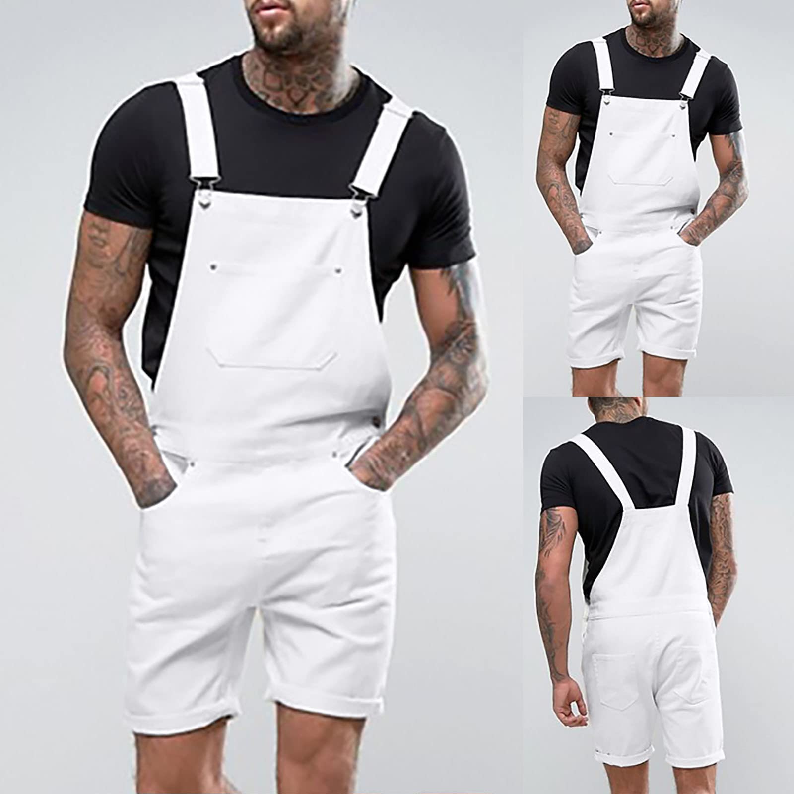 Men's Ripped Denim Bib Overalls Shorts - Knee-Length Suspender Pants with Multi-Pockets | Casual Workwear Jumpsuit for Outdoor Activities, Music Festivals & DIY Projects