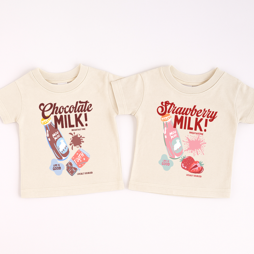 Chocolate & Strawberry Milk Matching Kids T-Shirt - Cute Matching Outfits for Siblings - Perfect for Family Photos, Birthday Parties & Casual Wear