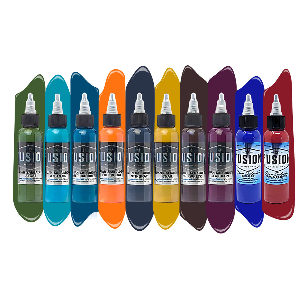 Juan Salgado 10-Color Signature Tattoo Ink Palette Set – Professional Fusion Tattoo Ink – 1oz Bottles – Perfect for Tattoo Artists & Body Art Professionals