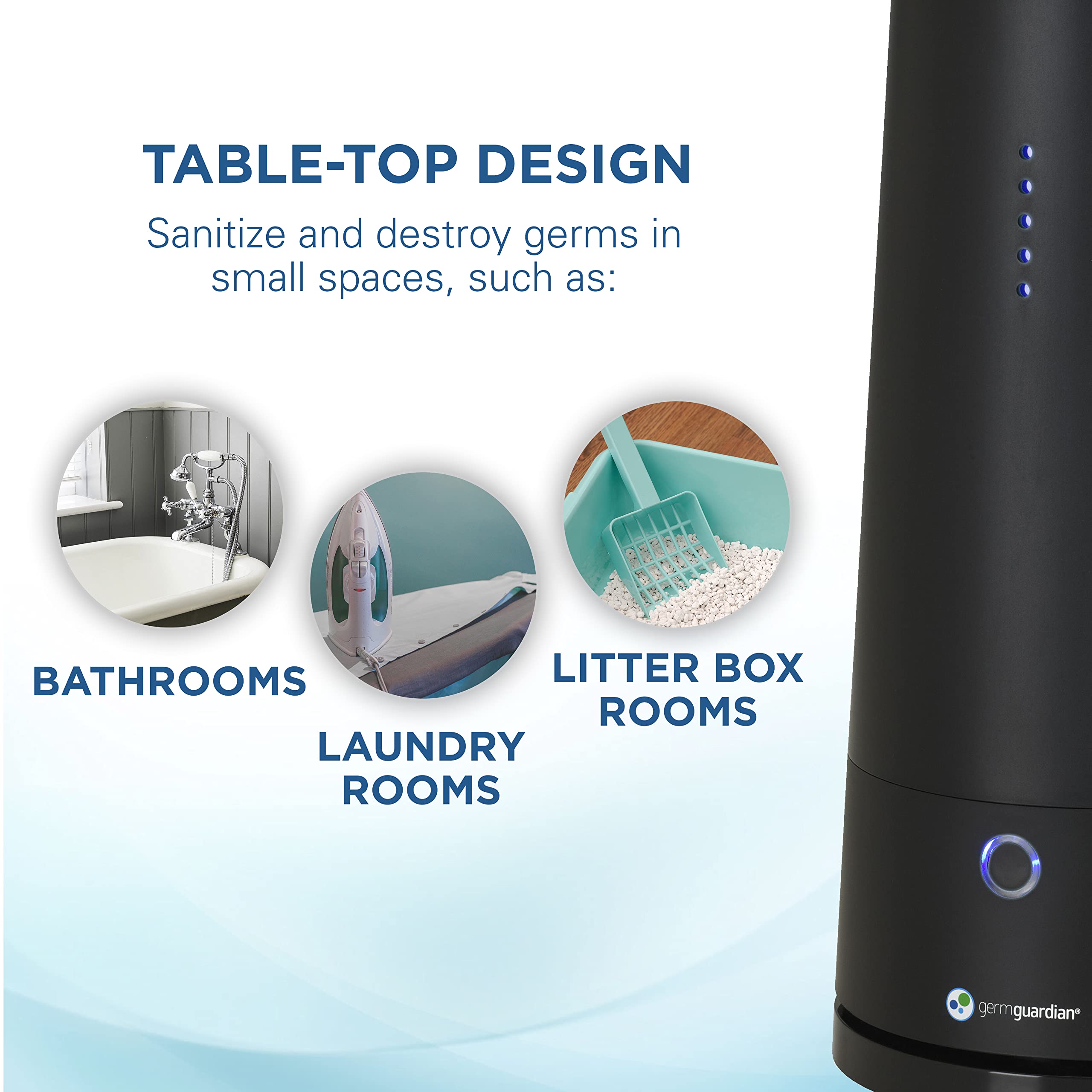 GermGuardian GG3000BCA Tabletop Air Purifier & Sanitizer for Pets, Cooking, Laundry, Diapers - Compact Air Freshener for Small Rooms & Offices (Black) - Eliminates Odors & Purifies Air in Bedrooms, Kitchens, and Pet Areas