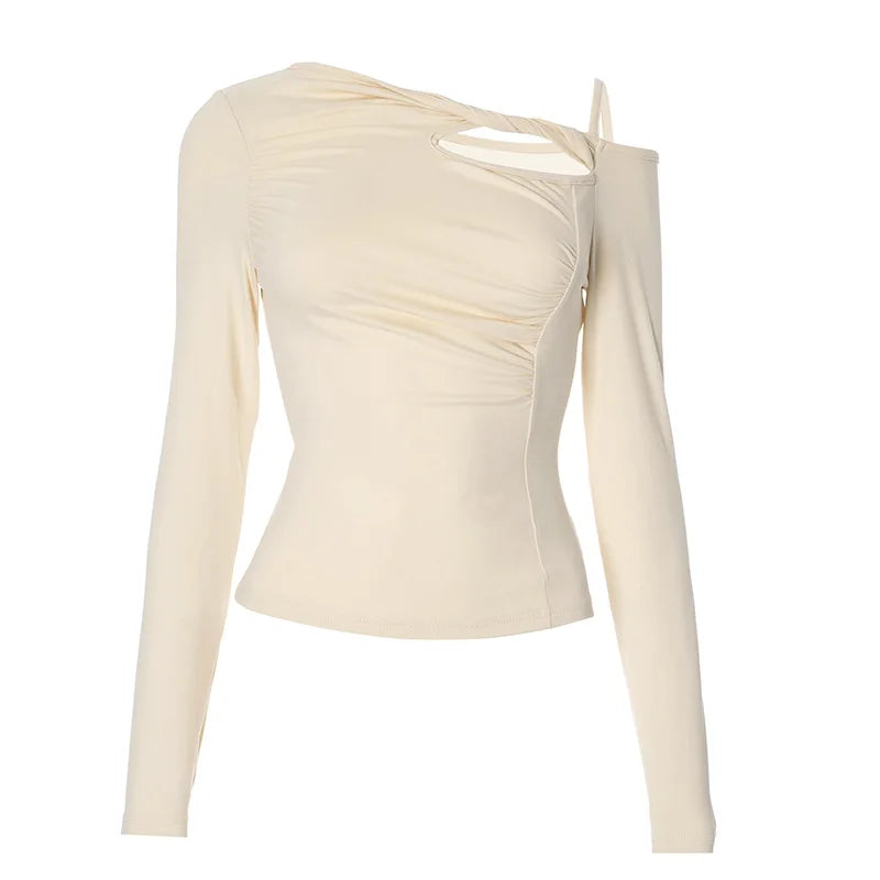 Trending 2024 Women's Asymmetrical Hollow Out One Shoulder Long Sleeve T-Shirt - Stylish Twisted Design for Casual Wear, Night Out & Fashion Events