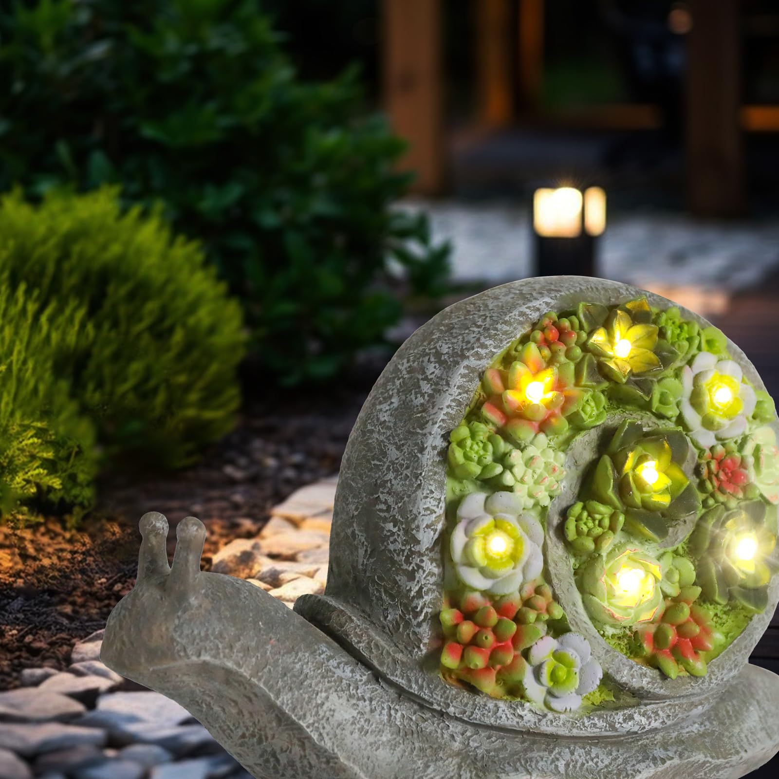 Solar Powered LED Garden Snail Statue with Succulent Planter - Outdoor Decor for Yard, Patio, Balcony - Unique Gardening Gift for Housewarming & Birthday - Perfect for Garden Lighting & Nighttime Decoration