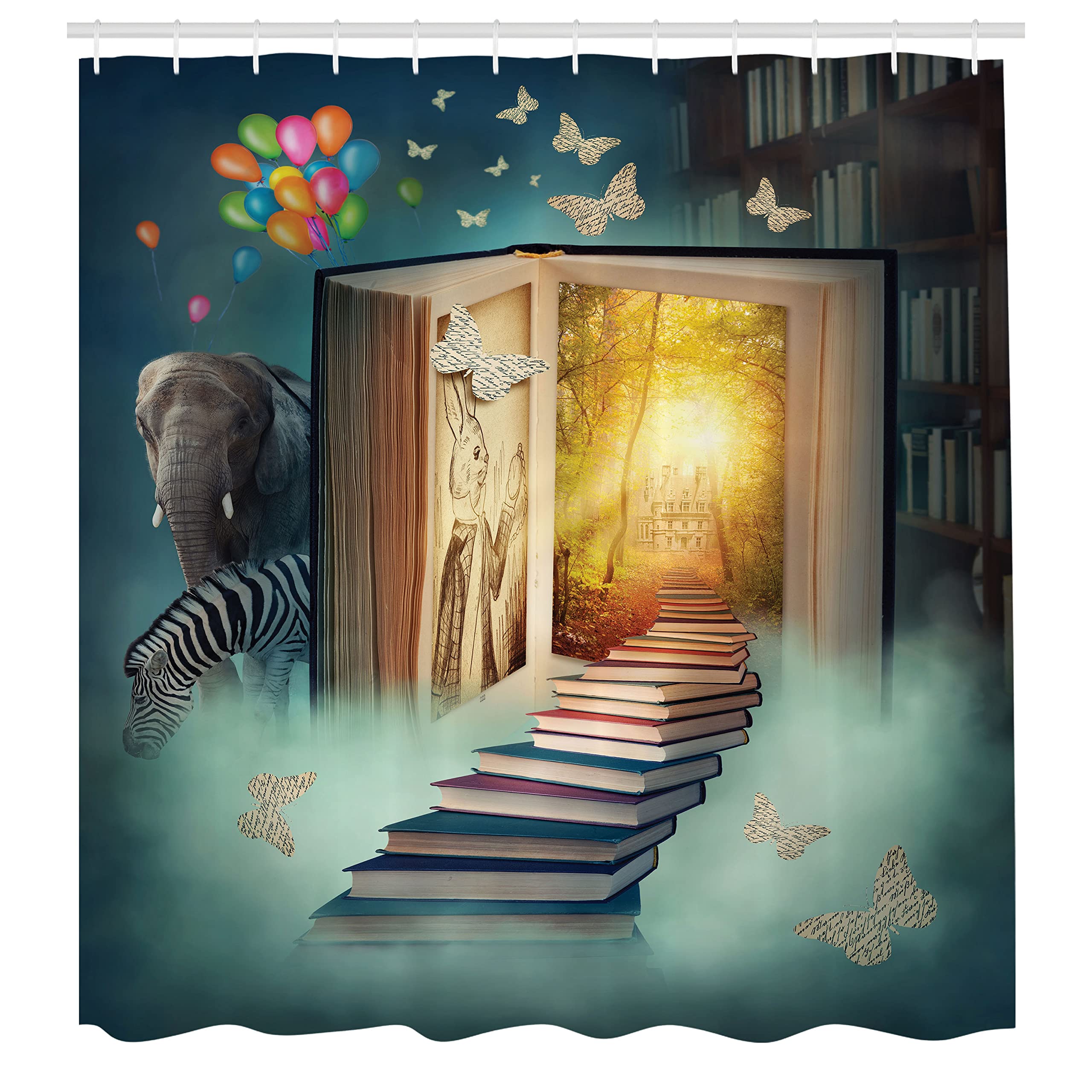 Ambesonne Fantasy Shower Curtain - Magic Book Forest with Balloons, Zebra & Butterflies Design, 69x75 Inch Teal & Yellow Bathroom Decor Set with Hooks | Waterproof Fabric for Kids & Adults Bathroom Decor