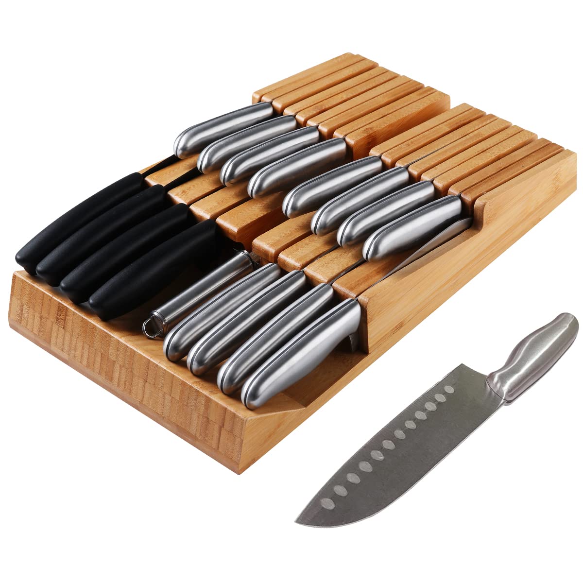 Premium Bamboo In-Drawer Knife Block Organizer - Holds 16 Knives Including Steak & Chef Knives with Sharpener | Detachable Slots for Custom Storage | Complete Kitchen Cutlery Set for Home Cooking & Entertaining