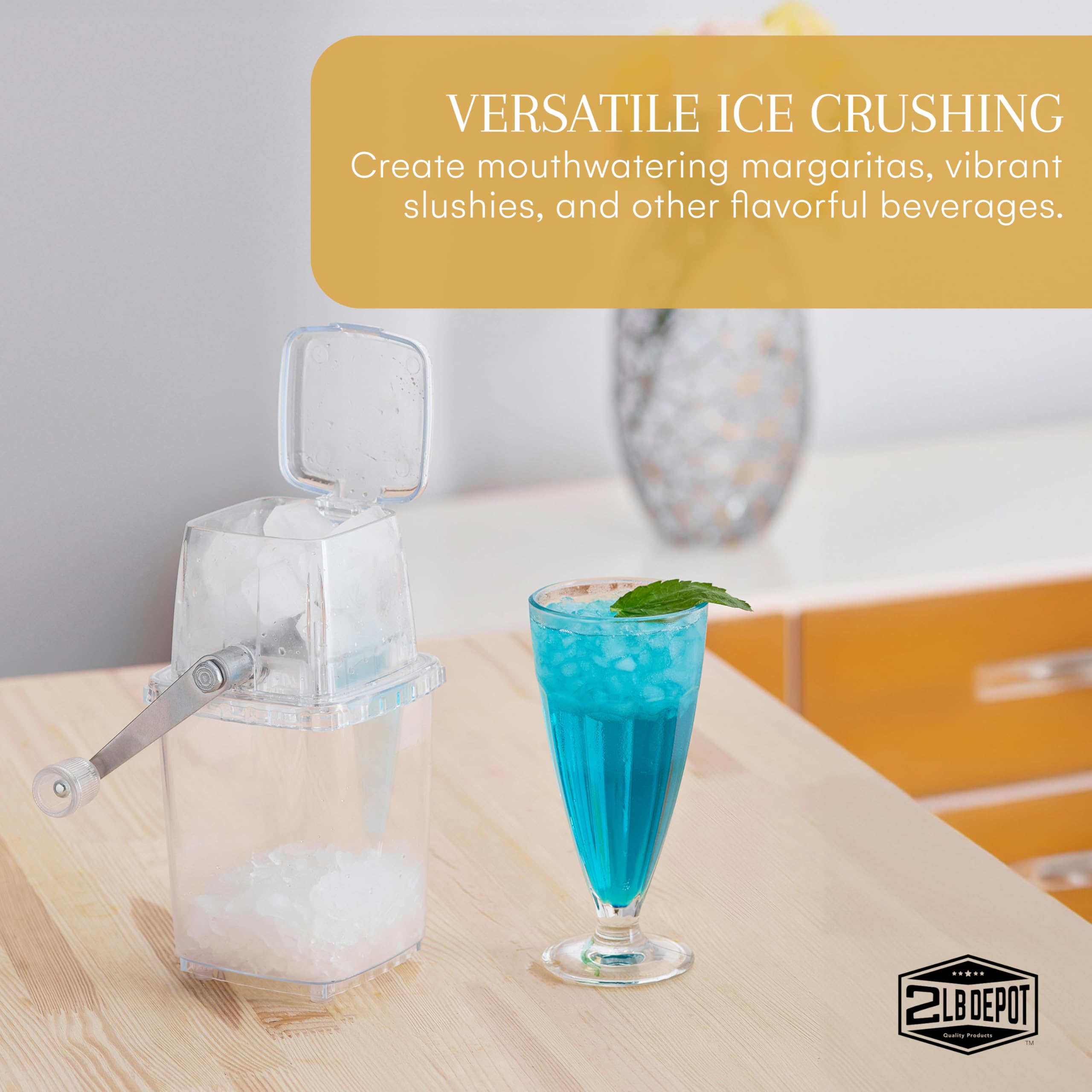 2LB Depot Portable Ice Maker - Manual Snow Cone Machine for Home & Commercial Use - Transparent Design with Stainless Steel Blades - Perfect for Shaved Ice, Snow Cones, Cocktails & Cold Drinks - Compact 9.2