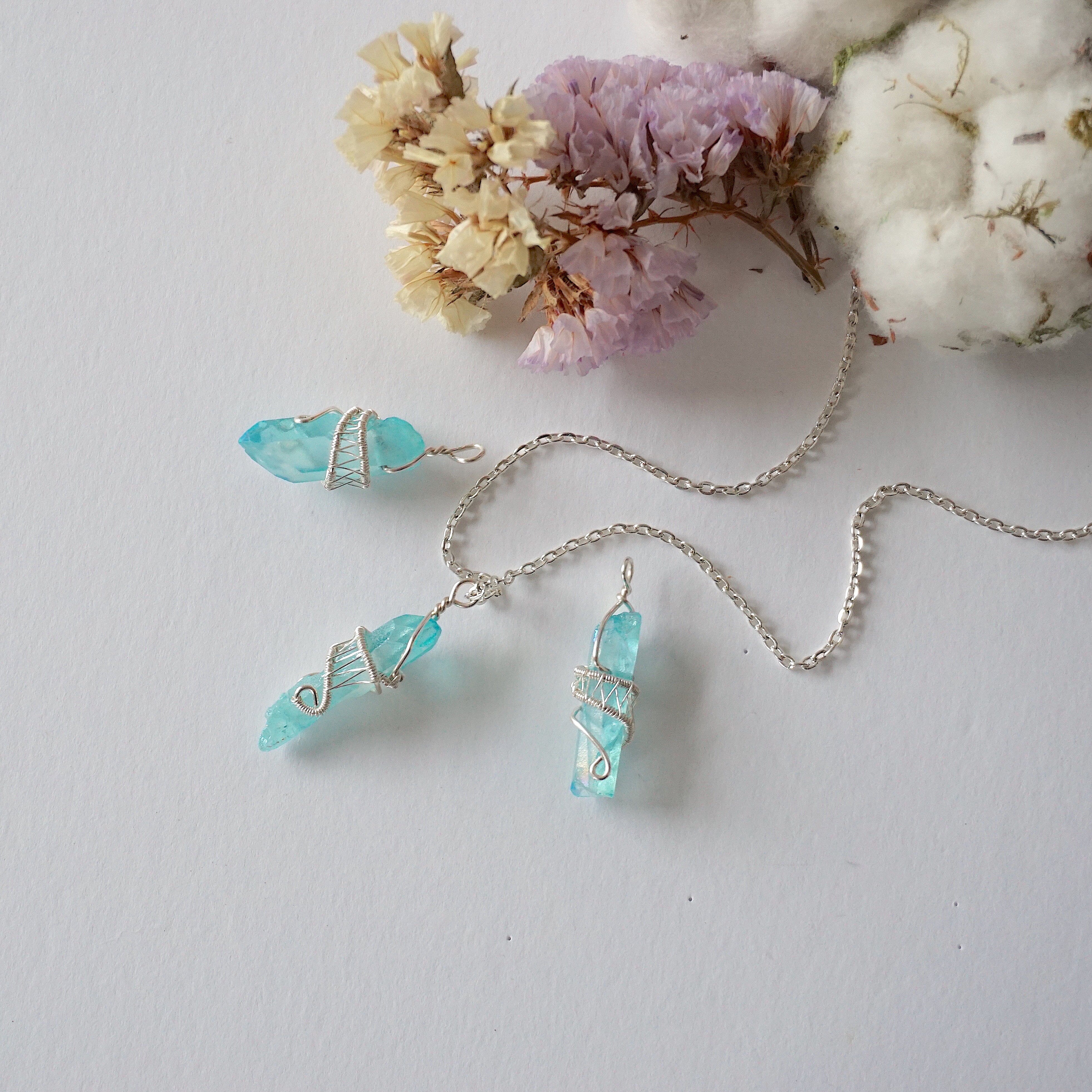 Aqua Aura Quartz Necklace - Silver Plated Crystal Point Charm Pendant for Women | Spiritual Healing, Meditation & Energy Jewelry Gift