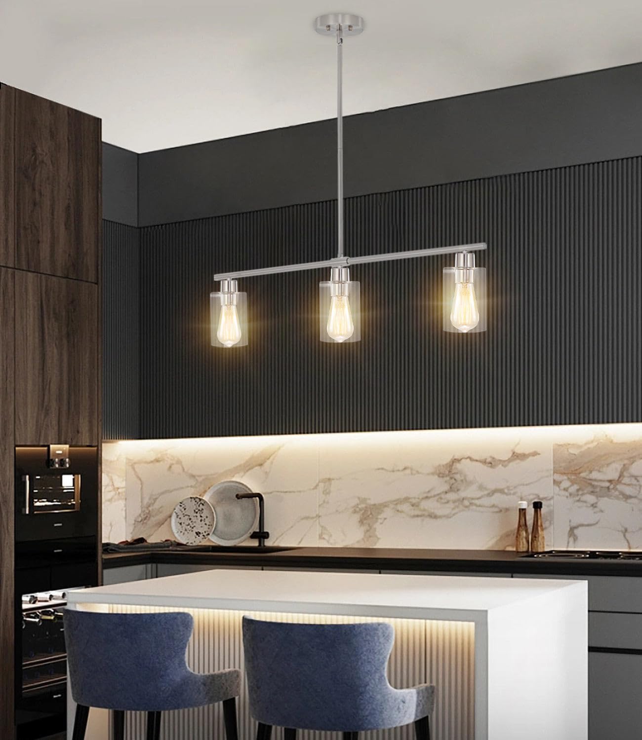 ETONIMERR 3-Light Brushed Nickel Modern Kitchen Island Pendant Light with Glass Shade - Industrial Linear Hanging Lighting Fixture for Dining Room, Bar Counter, and Kitchen Island Decor