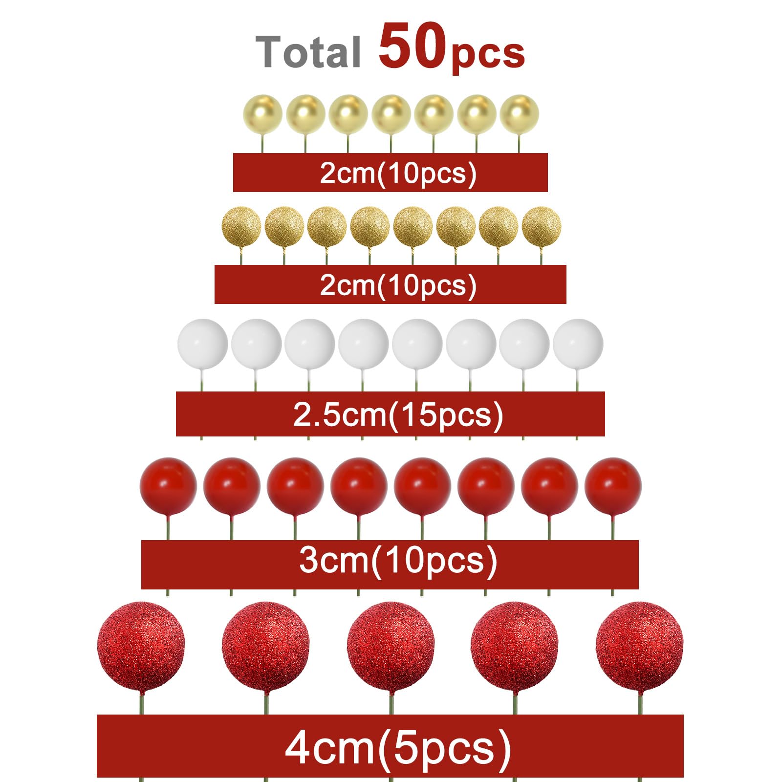 50 Pcs Gold & Red Ball Cake Topper Sticks - Mini Balloon Foam Balls for Cake Decorating Supplies - Perfect for Christmas, Birthday, Wedding, Baby Shower Cakes & Cupcake Toppers