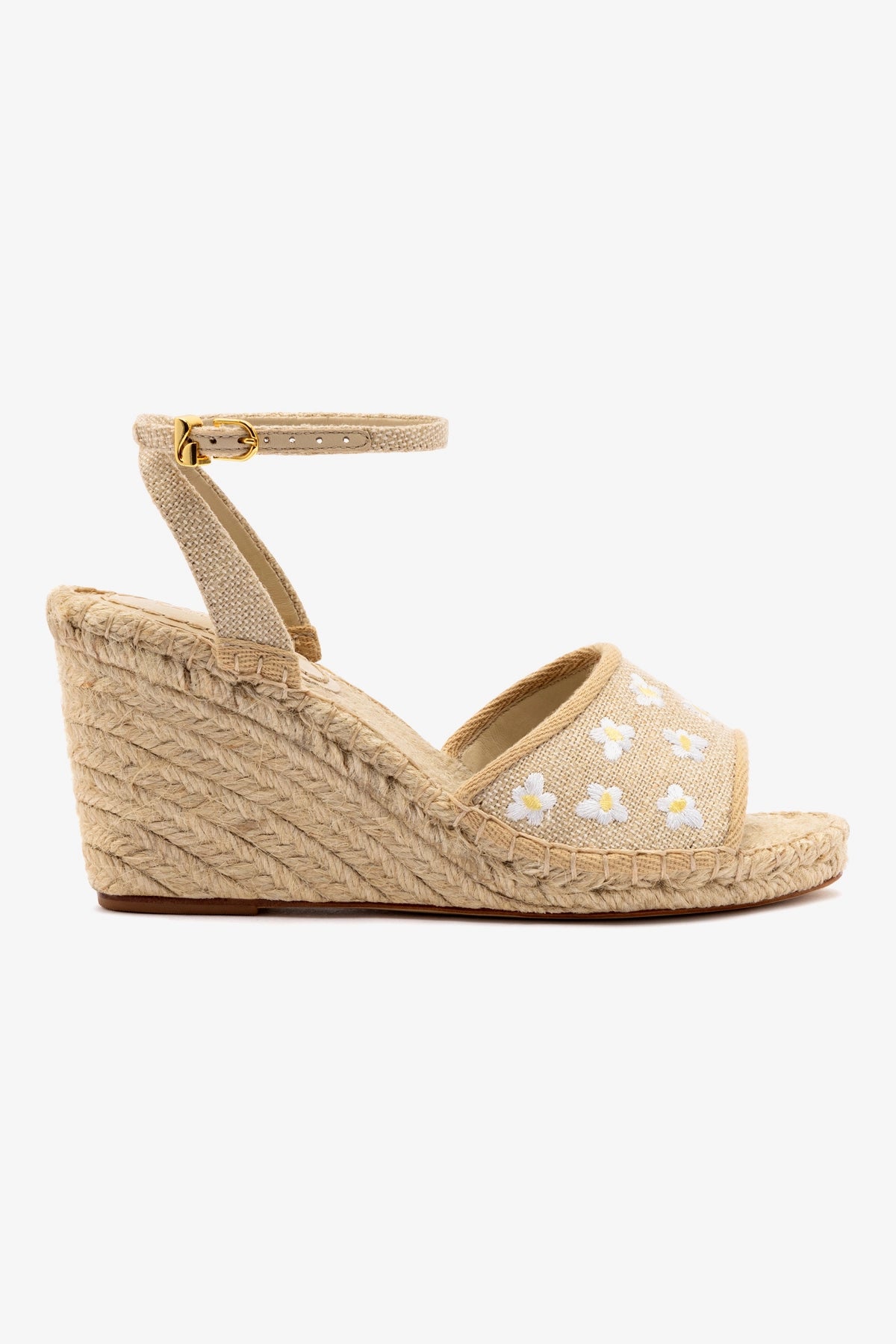 Letizia Espadrille Wedge Sandals - Raw Linen & Daisy Embroidery Women's Summer Shoes for Beach, Vacation and Casual Outfits