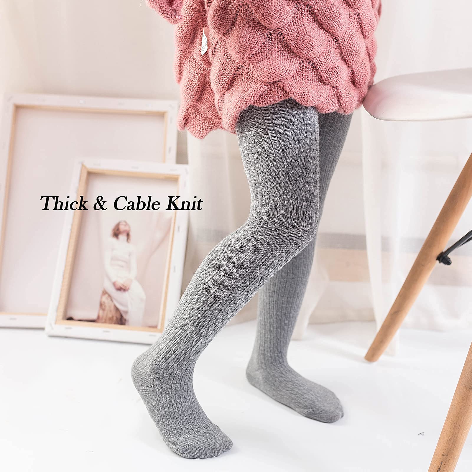 Jormatt Girls Seamless Cable Knit Cotton Tights - Thick Warm Leggings & Stockings for Toddlers Age 2-10 Years - Perfect for Winter Playdates, School Uniforms & Holiday Outfits