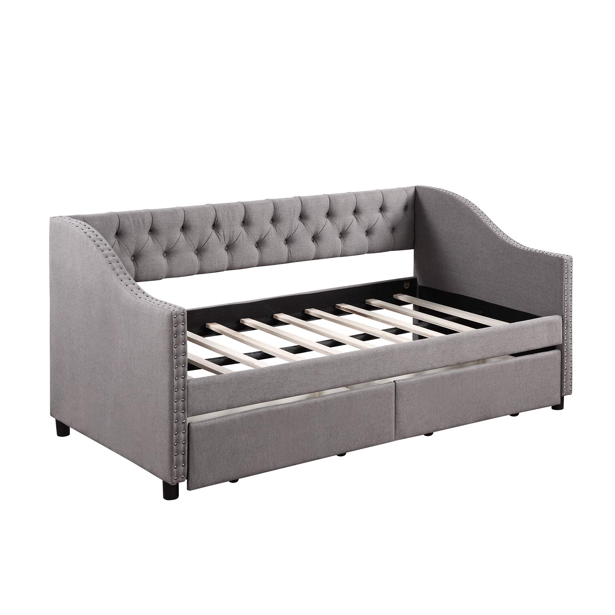 Twin Upholstered Daybed with 2 Storage Drawers, Tufted Sofa Bed with Nailhead Trim & Wood Slat Support - Perfect for Guest Rooms, Small Apartments & Multi-Functional Spaces