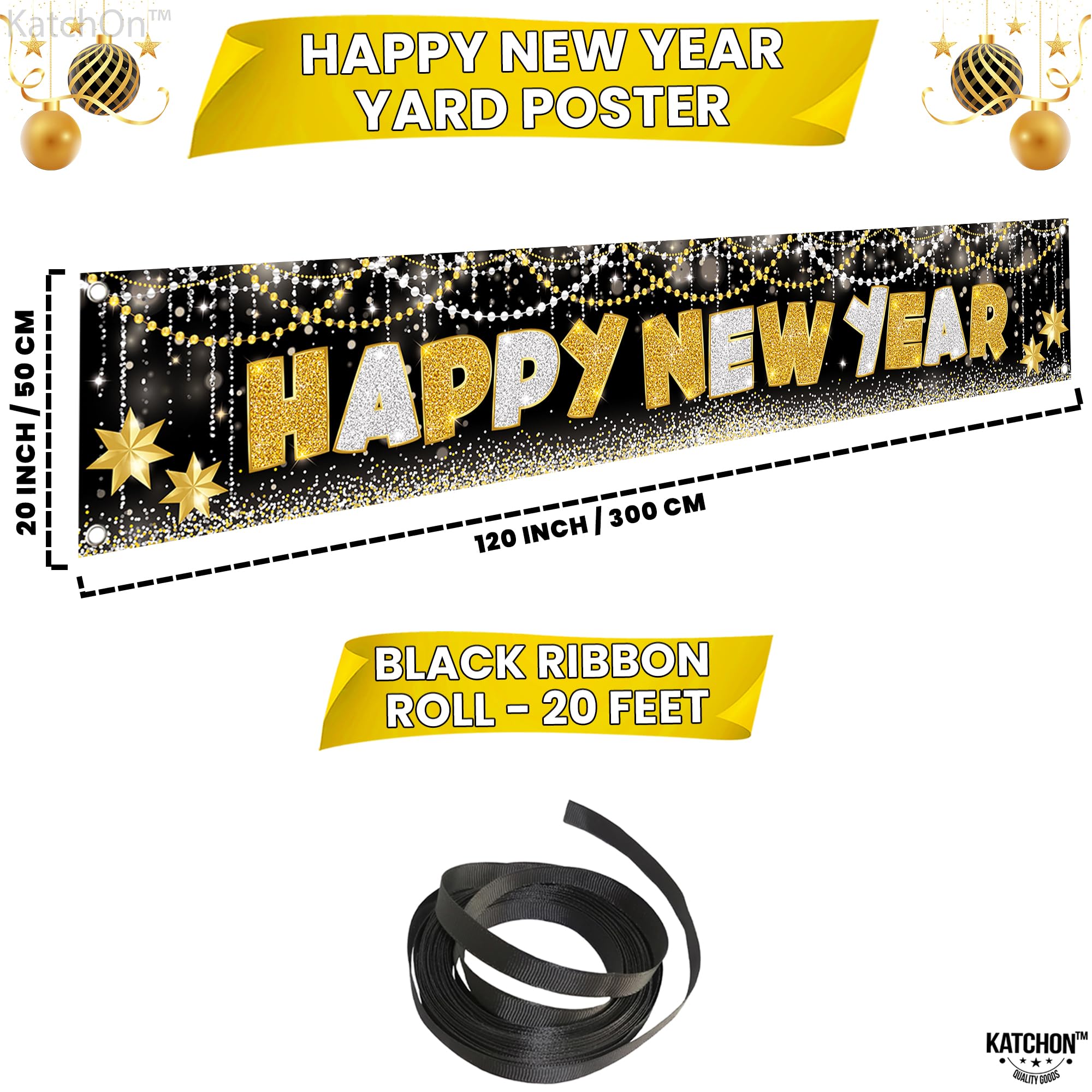 KatchOn 2025 Happy New Year Banner - Extra Large 120x20 Inch NYE Yard Sign | Outdoor & Indoor New Year's Eve Party Decorations 2025 | Durable Vinyl New Years Banner for Backyard, Front Lawn & NYE Party Supplies | Perfect for Home, Office & Holiday Celebrations