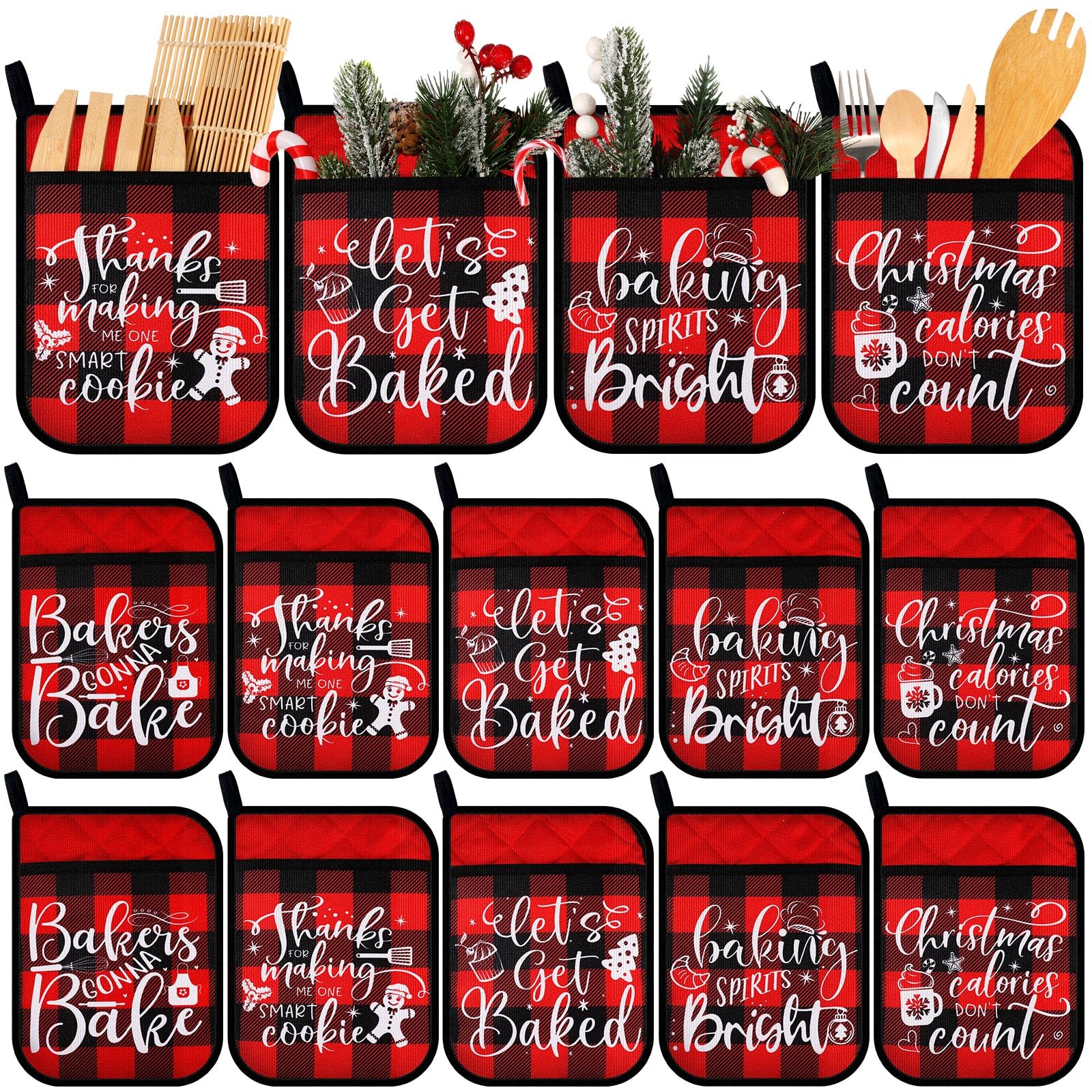 Yaomiao 10 Pcs Christmas Pot Holders with Pocket - Heat Resistant Oven Mitts & Hot Pads for Baking, Cooking, and Kitchen Use - Perfect Holiday Gift (Red, Black, Plaid) - Ideal for Christmas Decor, Cookie Baking, and Hostess Gifts