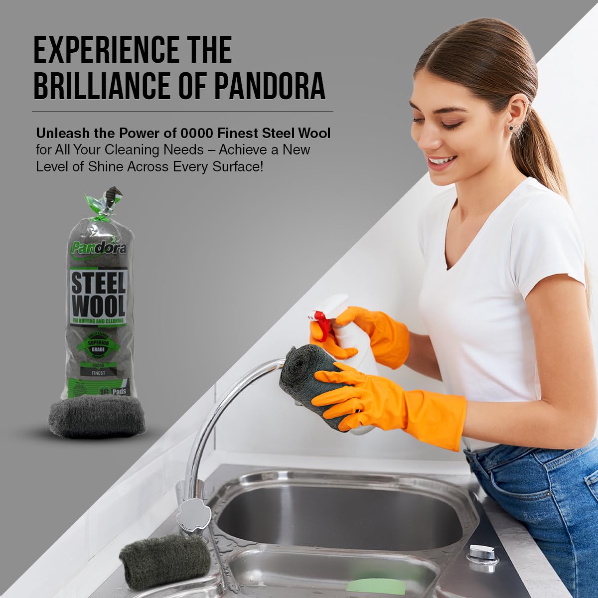Pandora Steel Wool #0000 - Finest Grade, 16 Pads for Buffing and Cleaning - High-Quality Metal Strands - Perfect for Windows, Furniture, and Automotive Detailing