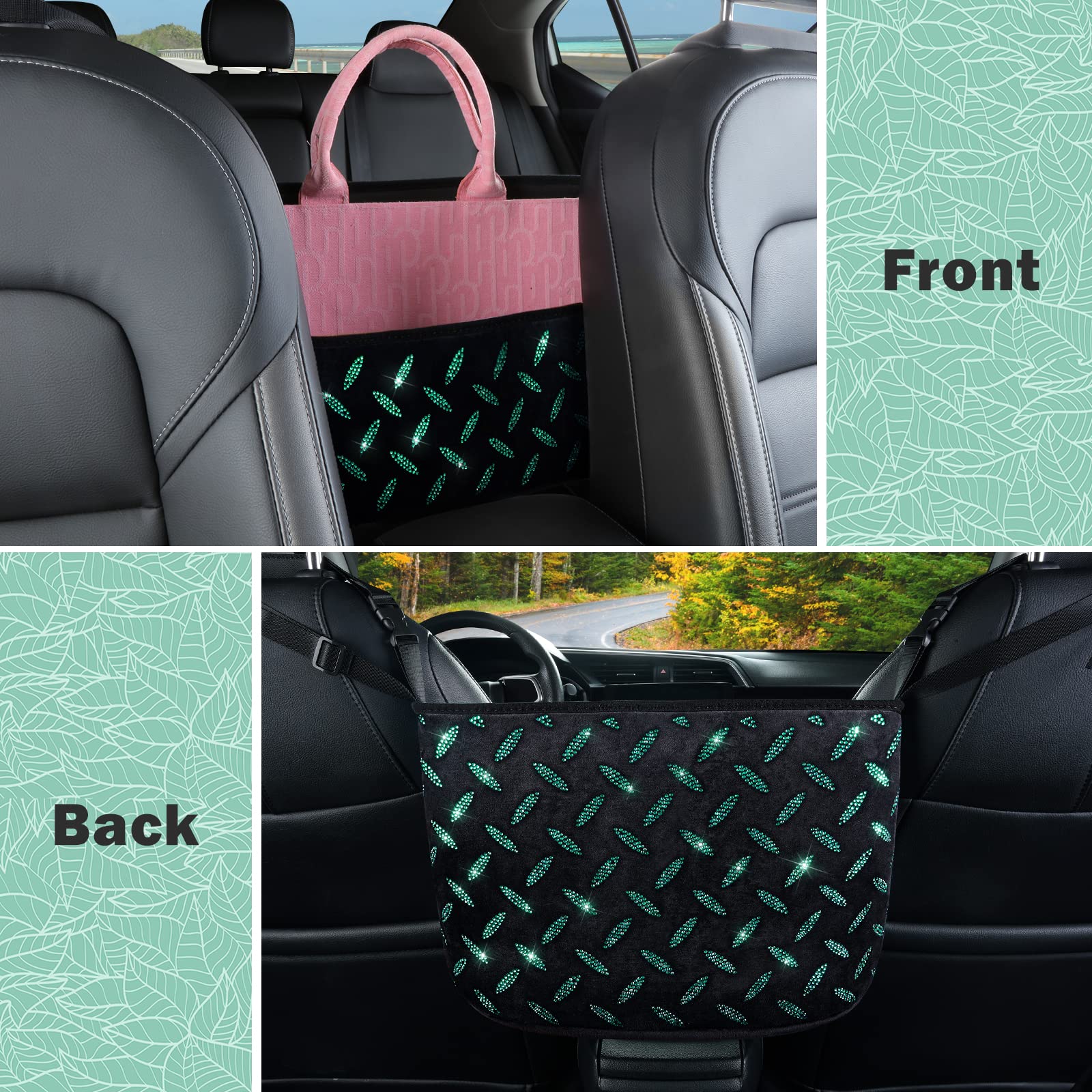 Crystal Car Organizer & Storage Purse Holder with Bling Diamonds - Seat Back Net Handbag Accessories for Women, Pet Barrier for Dogs & Kids (Green) - Perfect for Road Trips, Commuting & Family Travel