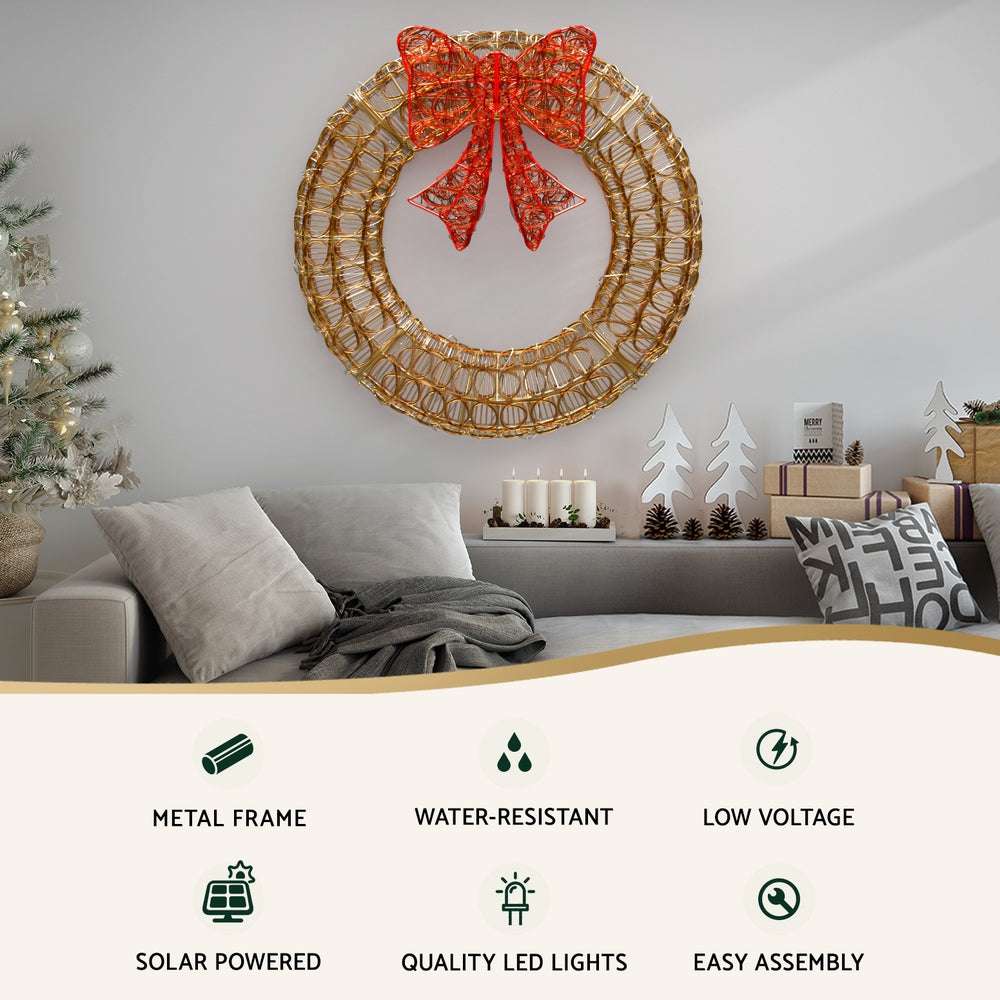 160 LED Solar Christmas Wreath - 0.6M Waterproof Outdoor Holiday Decor with 8 Lighting Modes for Door, Window, Garden & Patio Decorations