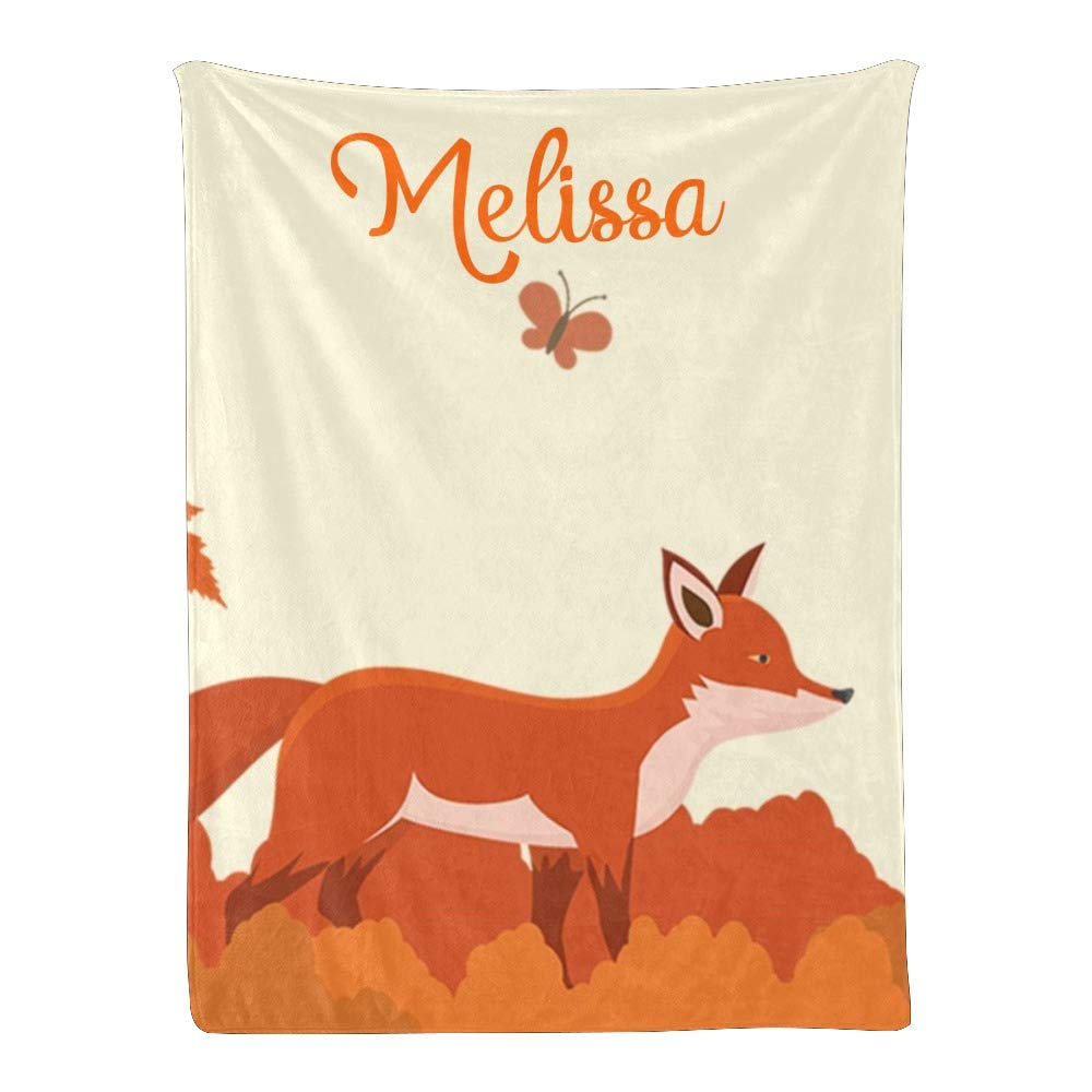 Personalized Kids Fleece Blanket with Name - Custom Autumn Flower Fox Deer Baby Throw Blanket for Bed (30