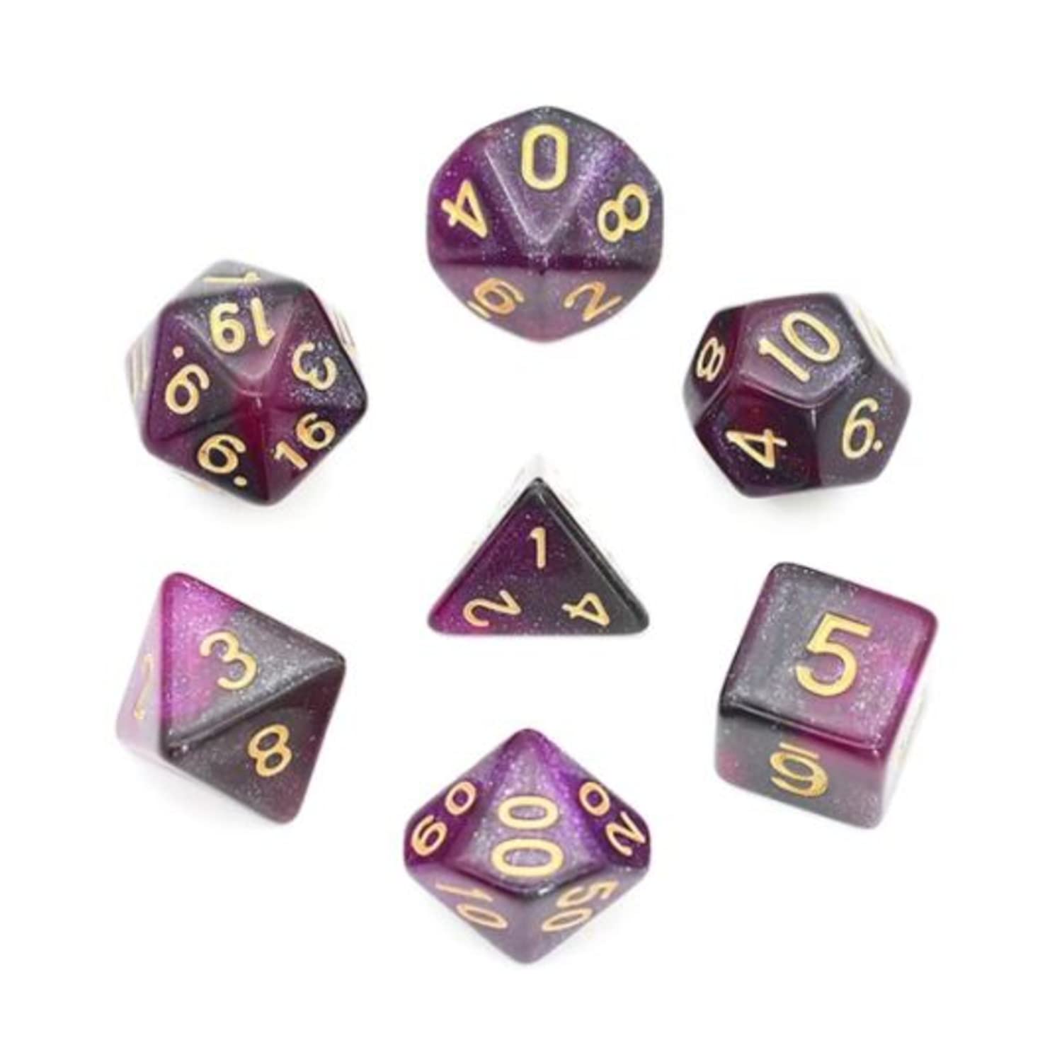 Premium Foam Brain Games Polyhedral Dice Set - Black & Purple Galaxy with Gold Accents (7-Piece) for D&D, RPG, and Tabletop Gaming Adventures
