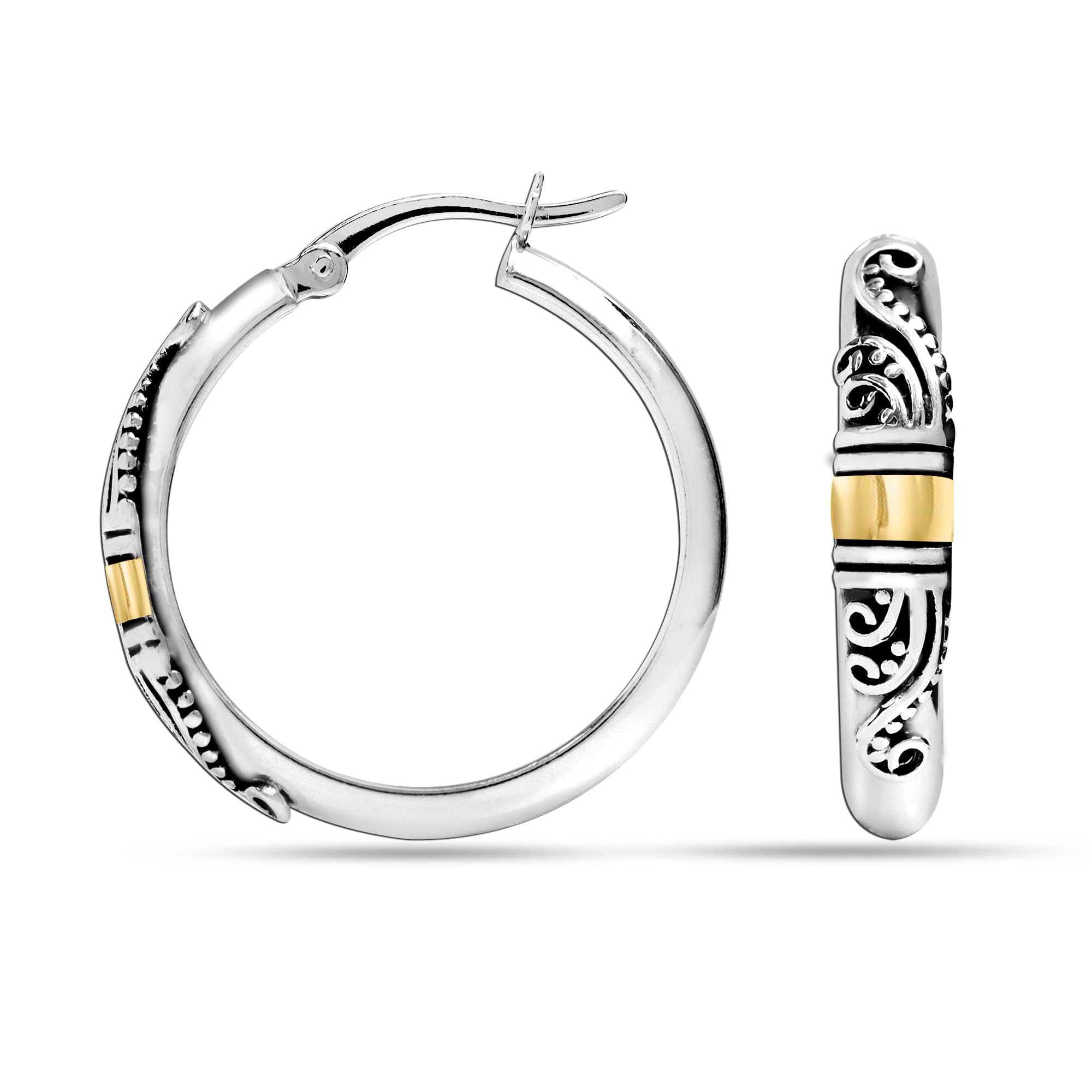 LeCalla 925 Sterling Silver Bali-Style Hoop Earrings - Lightweight Click-Top Italian Antique Design for Women | Perfect for Everyday Wear, Date Nights & Special Occasions