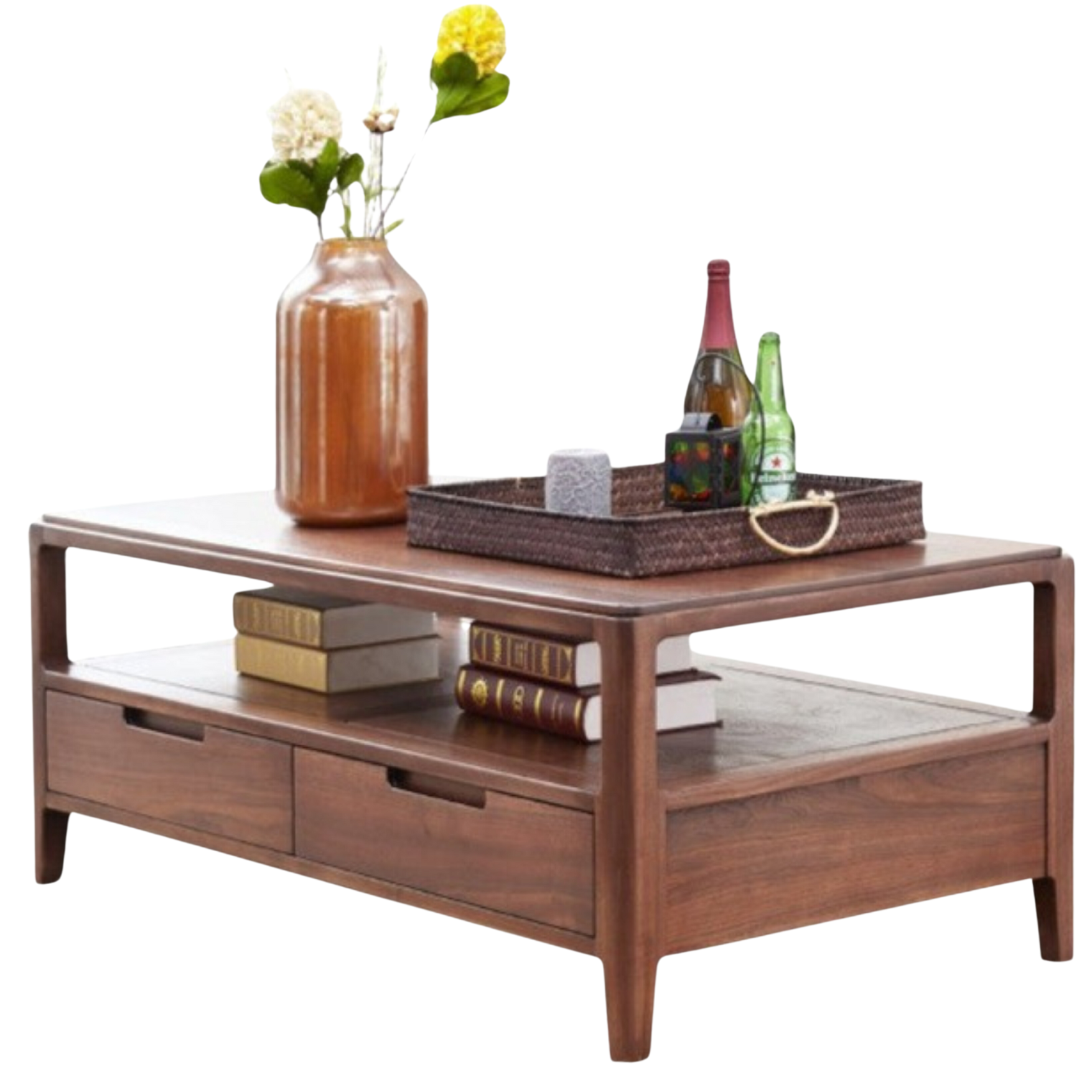 Solid Black Walnut Wood Coffee Table with 4 Drawers - Rustic Modern Living Room Furniture for Home Decor