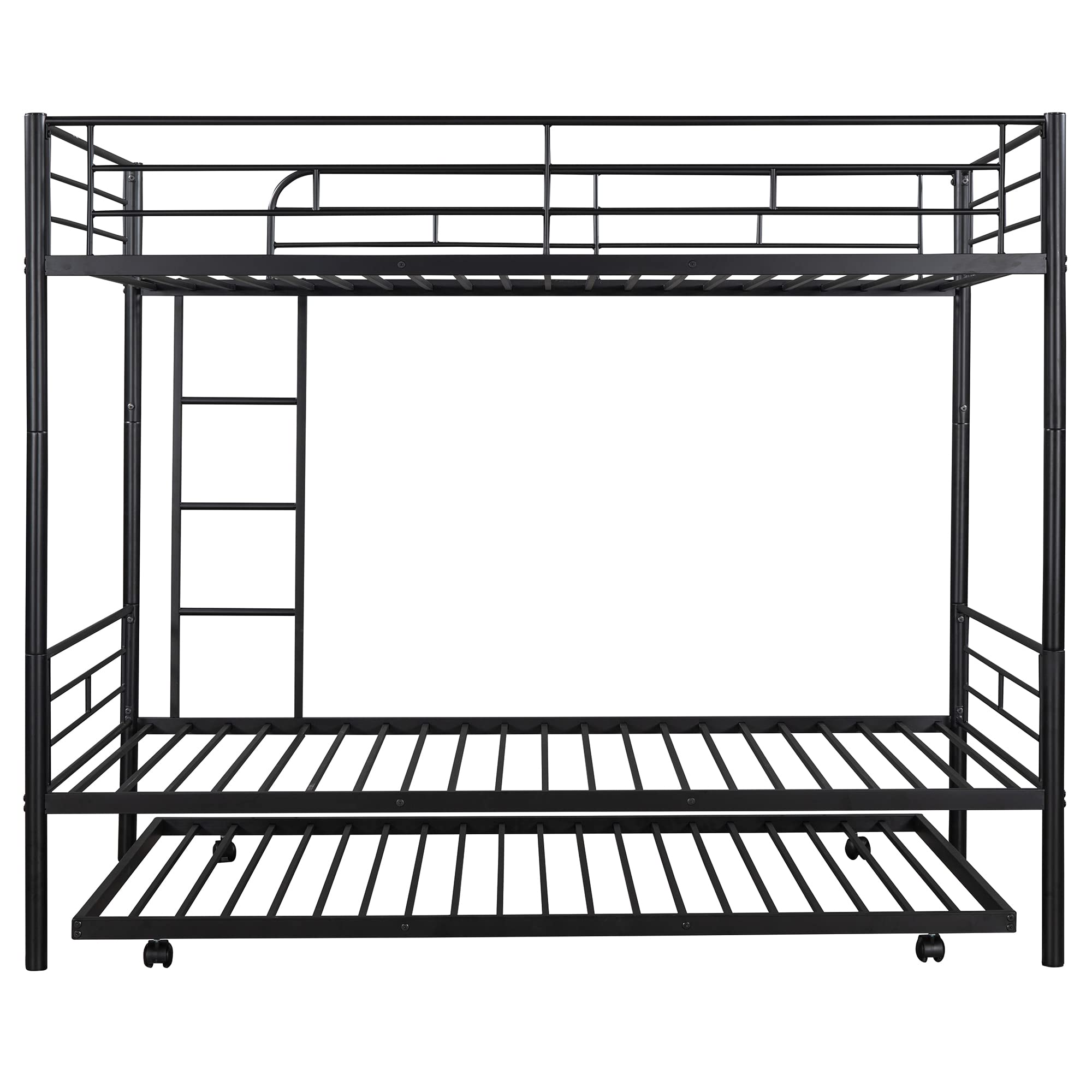 Merax Heavy Duty Twin Over Twin Metal Bunk Bed with Trundle & Removable Ladder - Converts to 2 Separate Beds, No Box Spring Required (Black) - Perfect for Kids' Rooms, Guest Rooms & Space-Saving Solutions