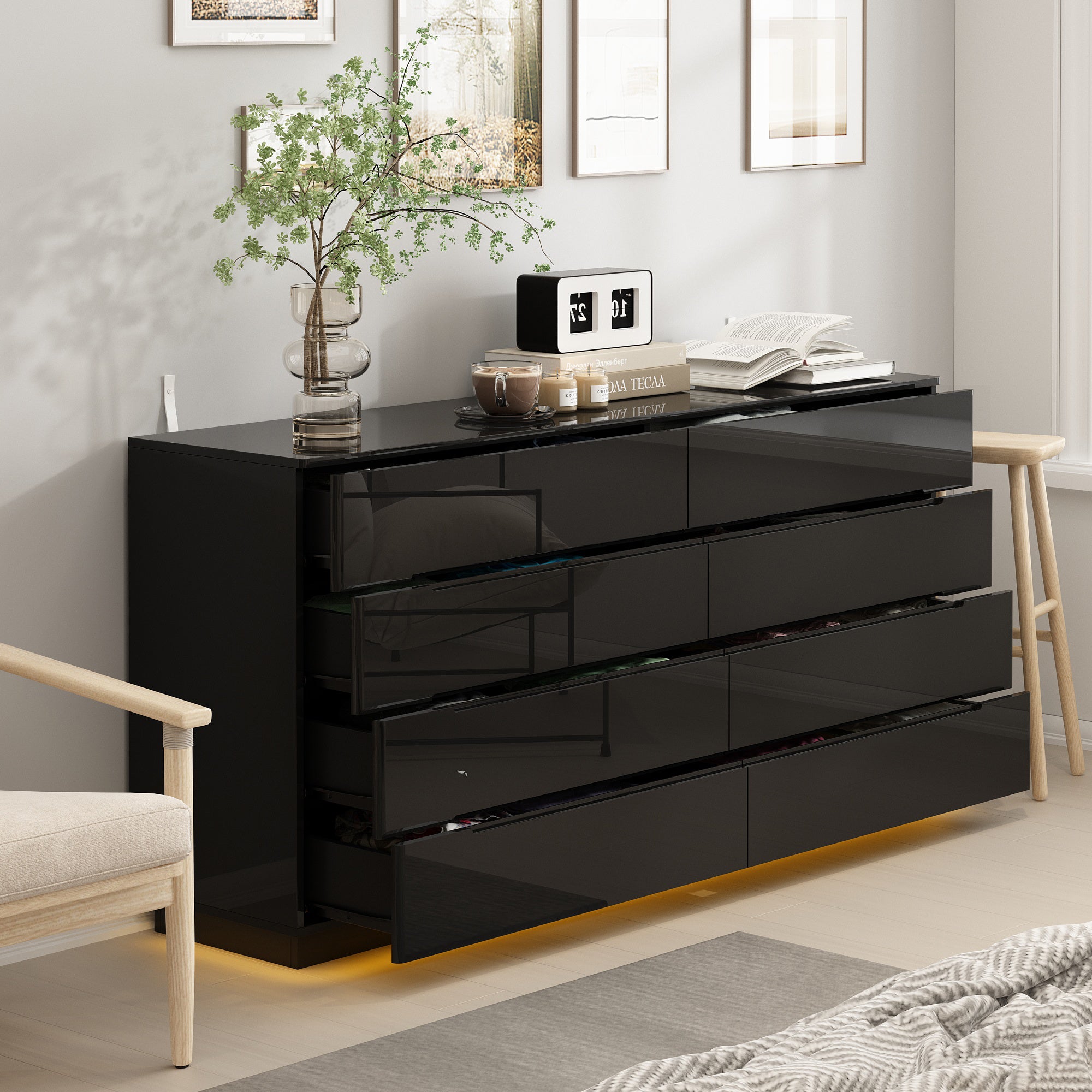8-Drawer Double Dresser with High-Gloss Finish - Modern Dual Chest Storage for Bedroom & Closet Organization